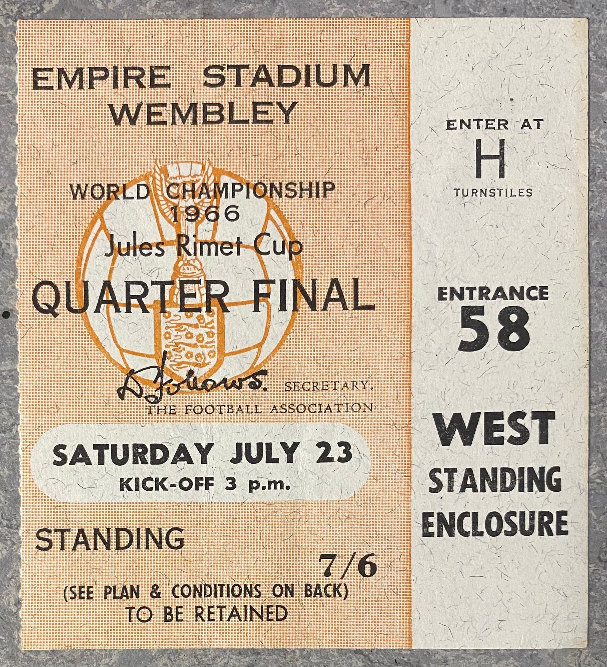 1966 ORIGINAL WORLD CUP QUARTER FINAL TICKET ENGLAND V ARGENTINA @ WEMBLEY