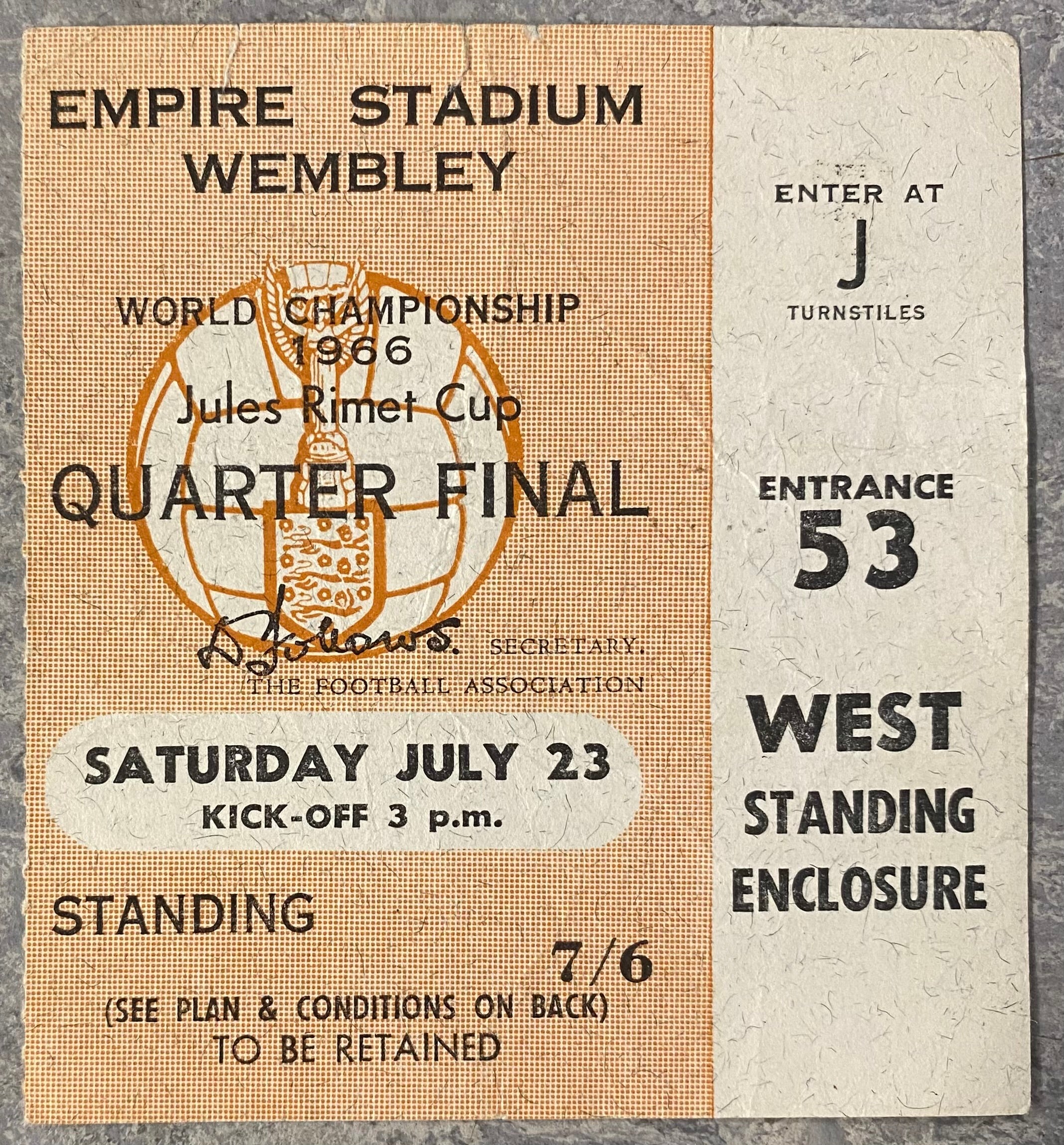 1966 ORIGINAL WORLD CUP QUARTER FINAL TICKET ENGLAND V ARGENTINA @ WEMBLEY