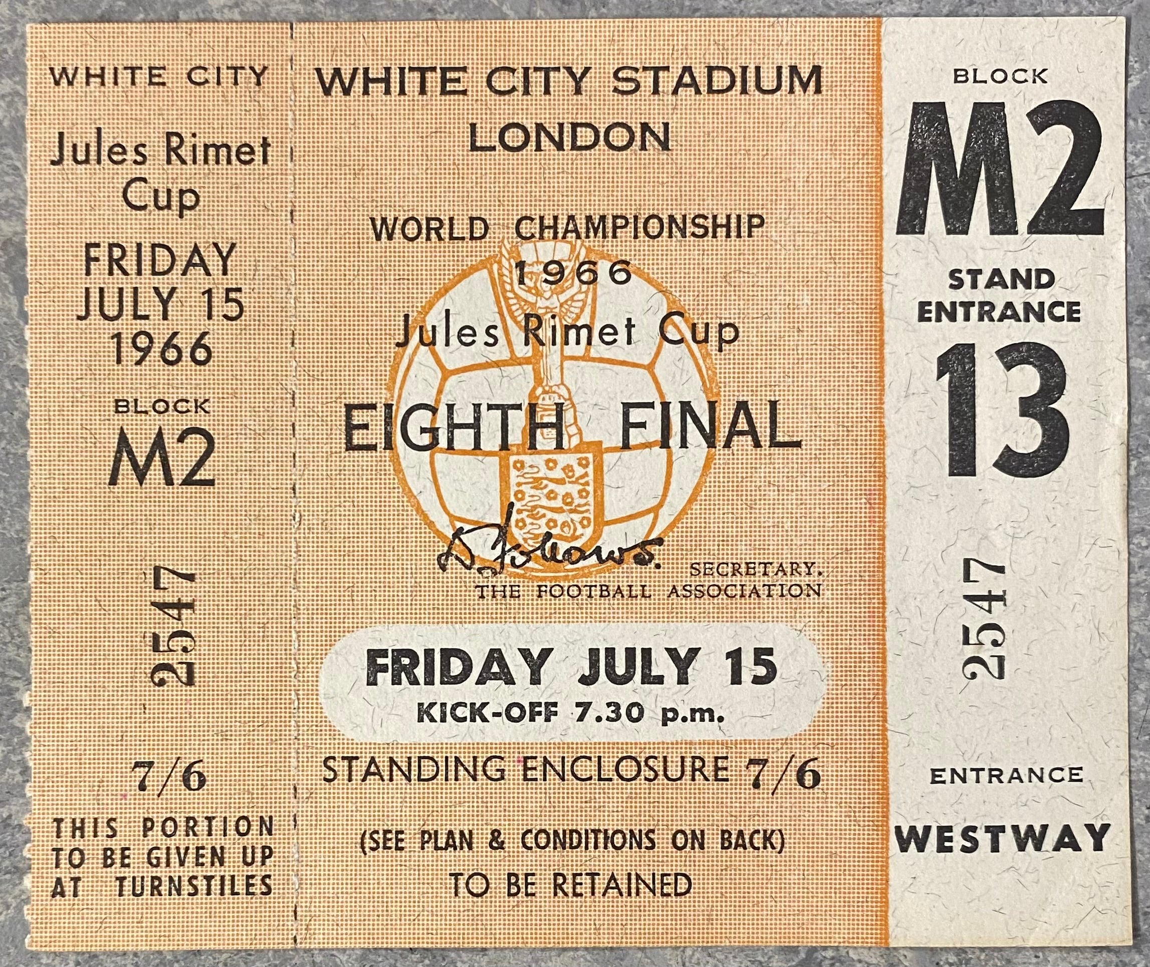 1966 ORIGINAL WORLD CUP 1ST ROUND UNUSED TICKET URUGUAY V FRANCE @ WHITE CITY