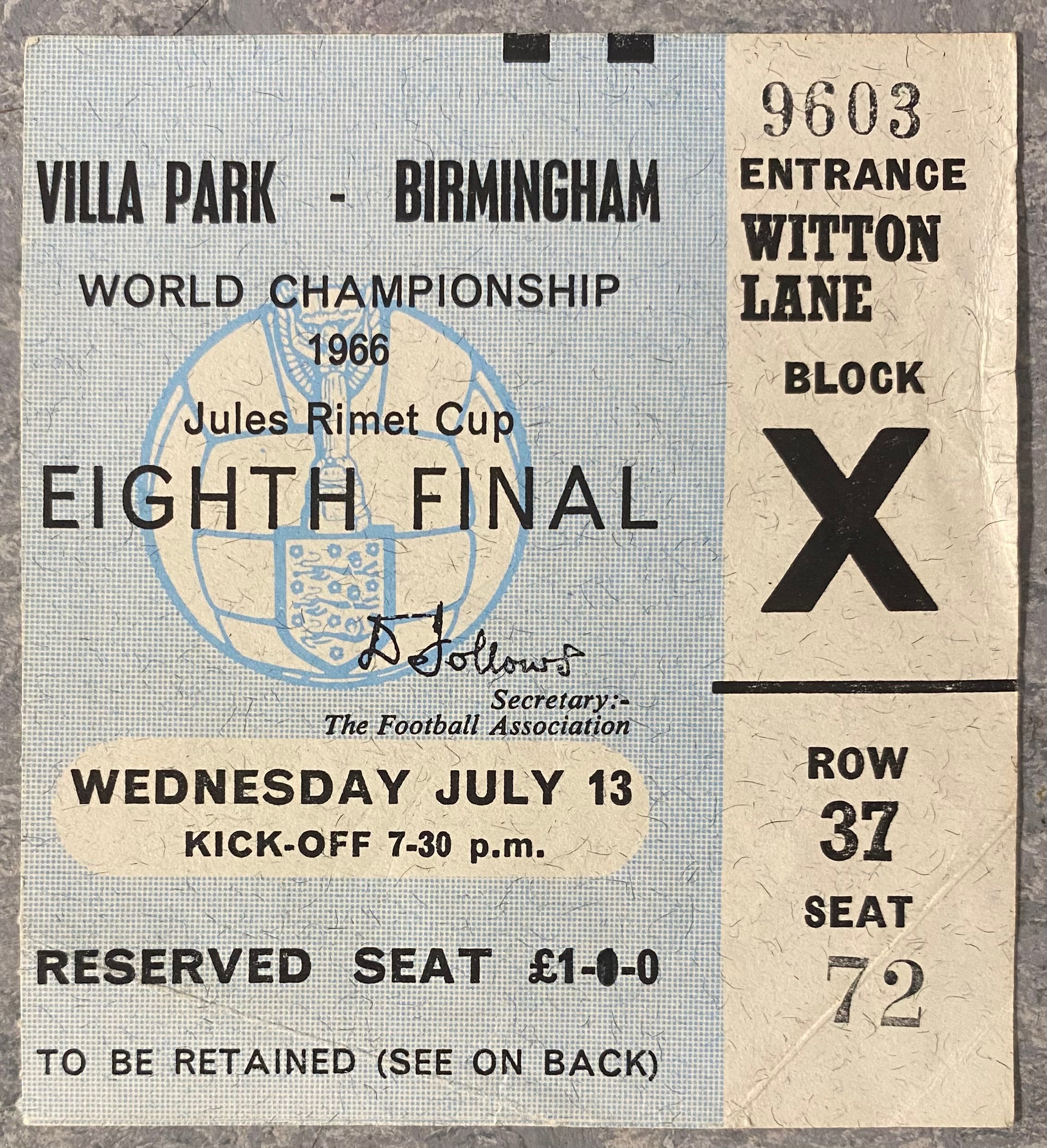 1966 ORIGINAL WORLD CUP 1ST ROUND TICKET ARGENTINA V SPAIN @ VILLA PARK