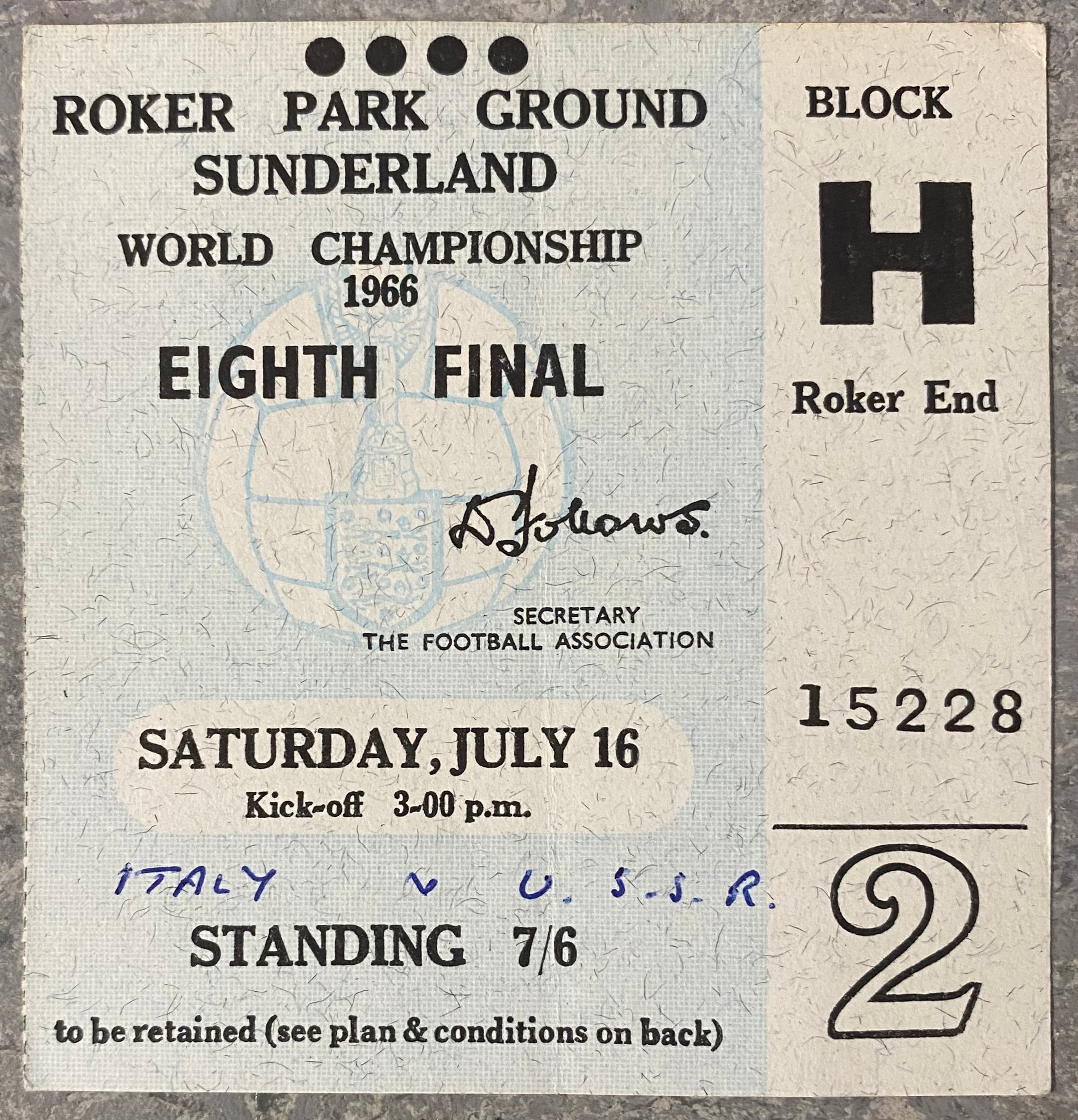 1966 ORIGINAL WORLD CUP 1ST ROUND TICKET ITALY V SOVIET UNION @ ROKER PARK