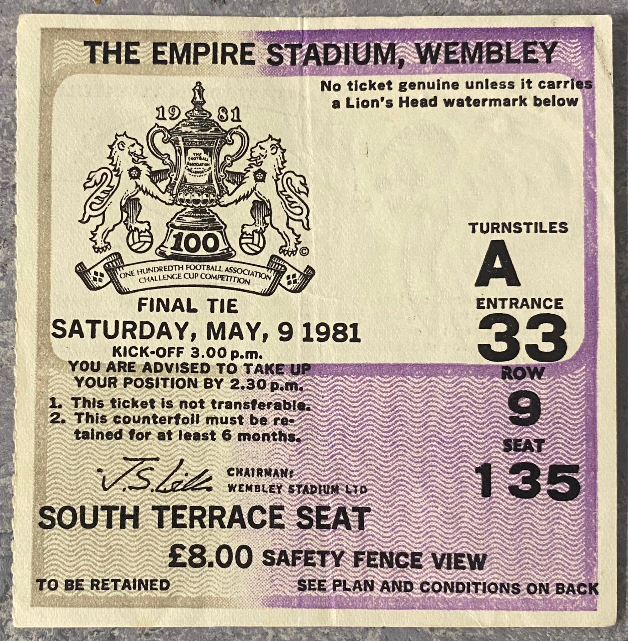 1981 ORIGINAL FA CUP FINAL TICKET TOTTENHAM HOTSPUR V MANCHESTER CITY