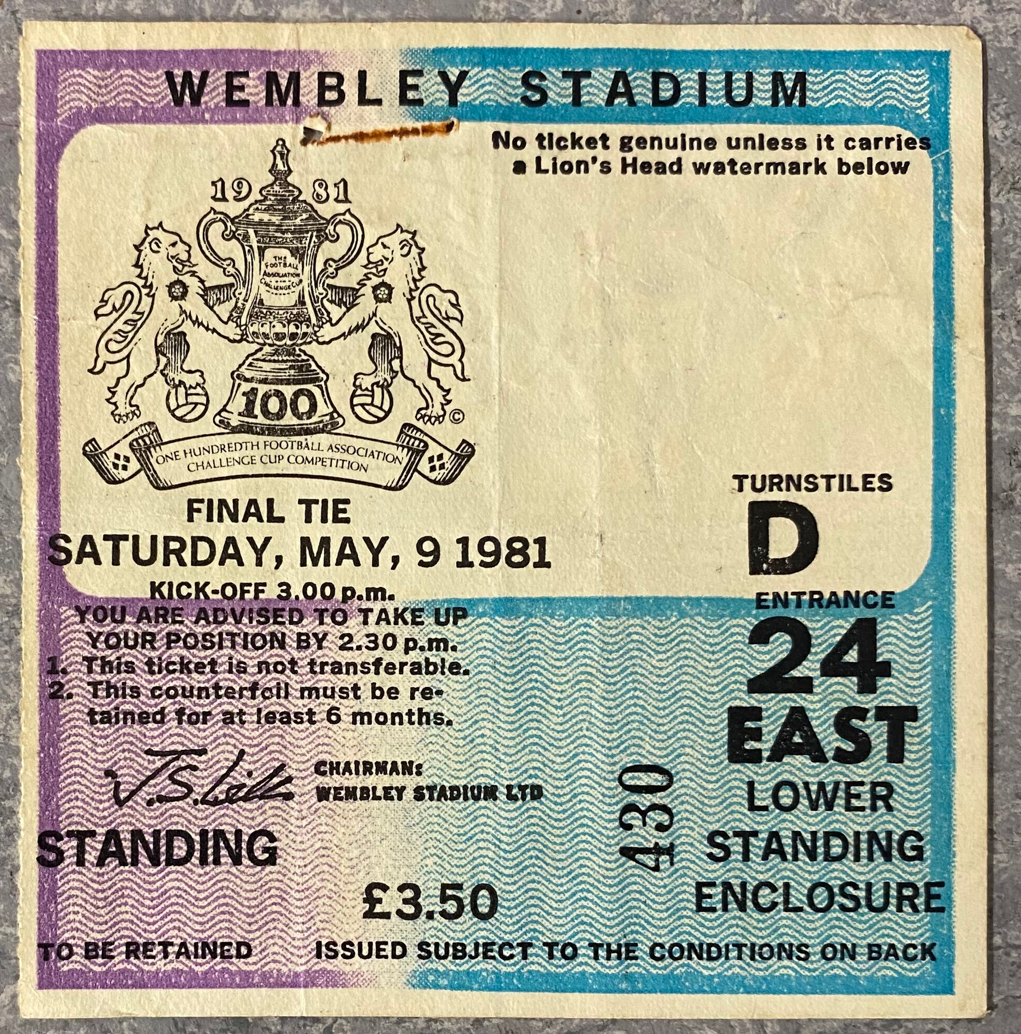 1981 ORIGINAL FA CUP FINAL TICKET TOTTENHAM HOTSPUR V MANCHESTER CITY