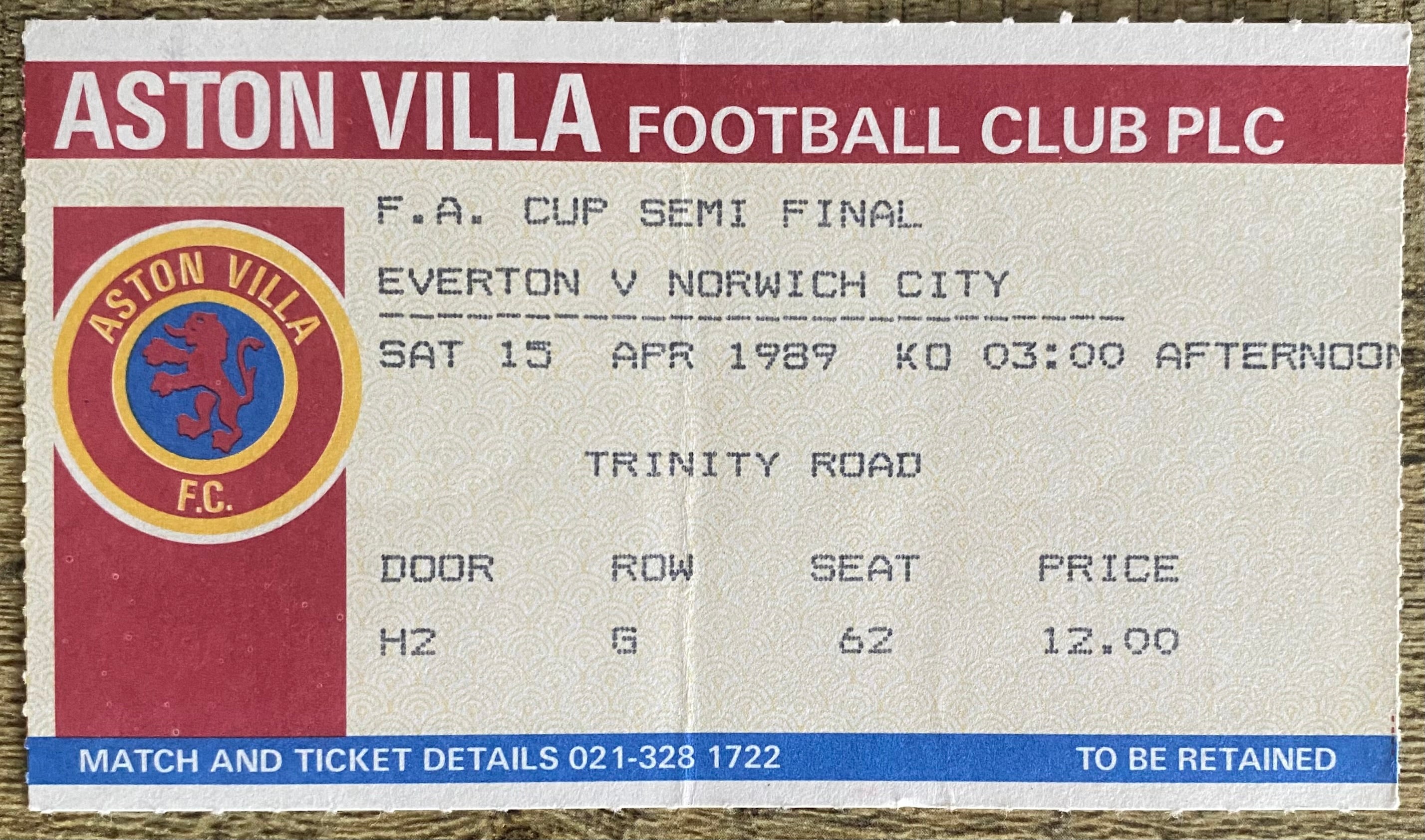 1989 ORIGINAL FA CUP SEMI FINAL TICKET EVERTON V NORWICH CITY @ VILLA PARK