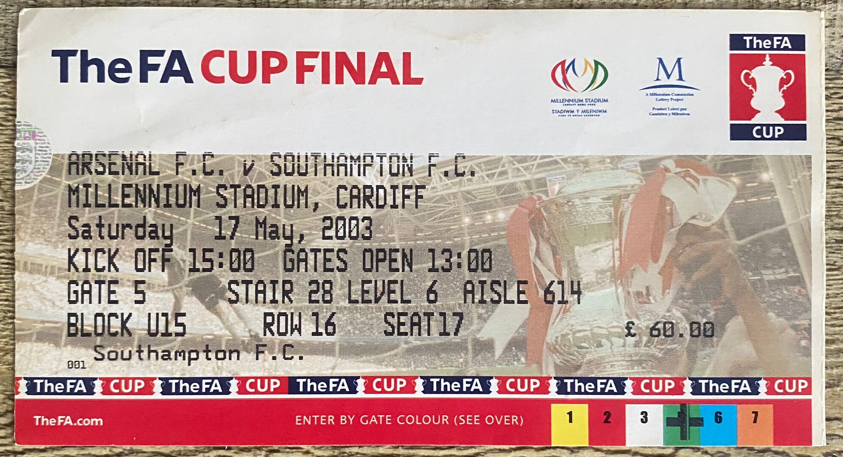 2003 ORIGINAL FA CUP FINAL TICKET ARSENAL V SOUTHAMPTON @ CARDIFF
