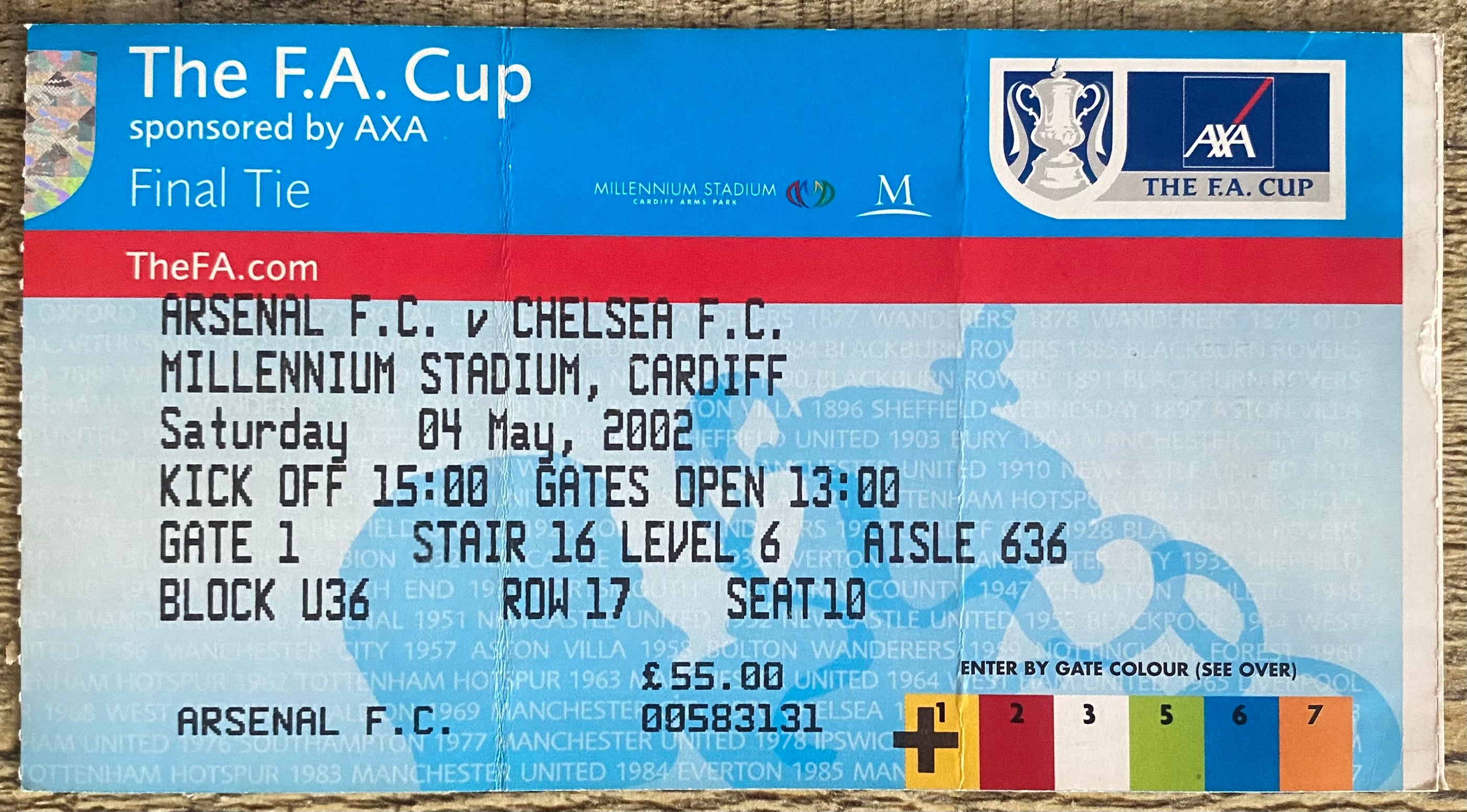 2002 ORIGINAL FA CUP FINAL TICKET ARSENAL V CHELSEA @ CARDIFF