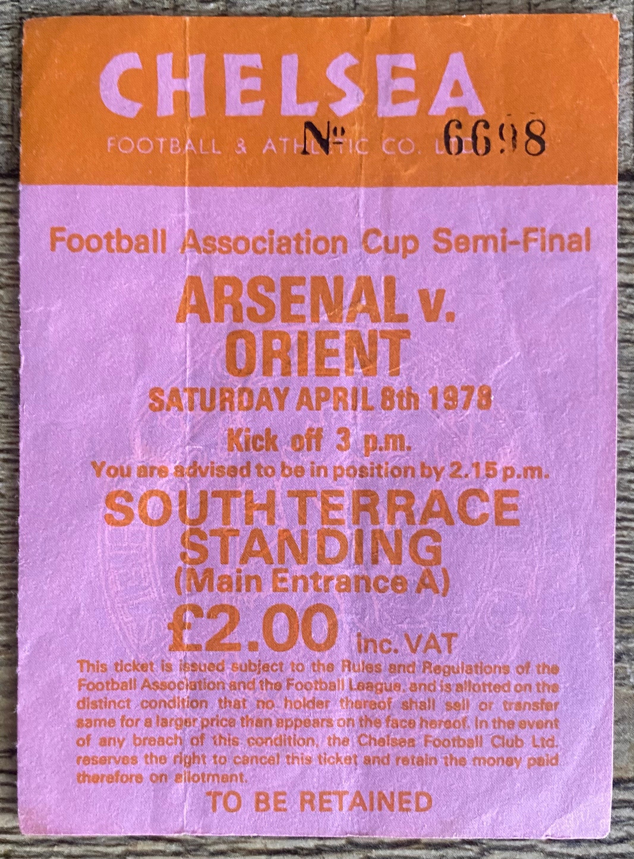1978 ORIGINAL FA CUP SEMI FINAL TICKET ORIENT V ARSENAL @ STAMFORD BRIDGE