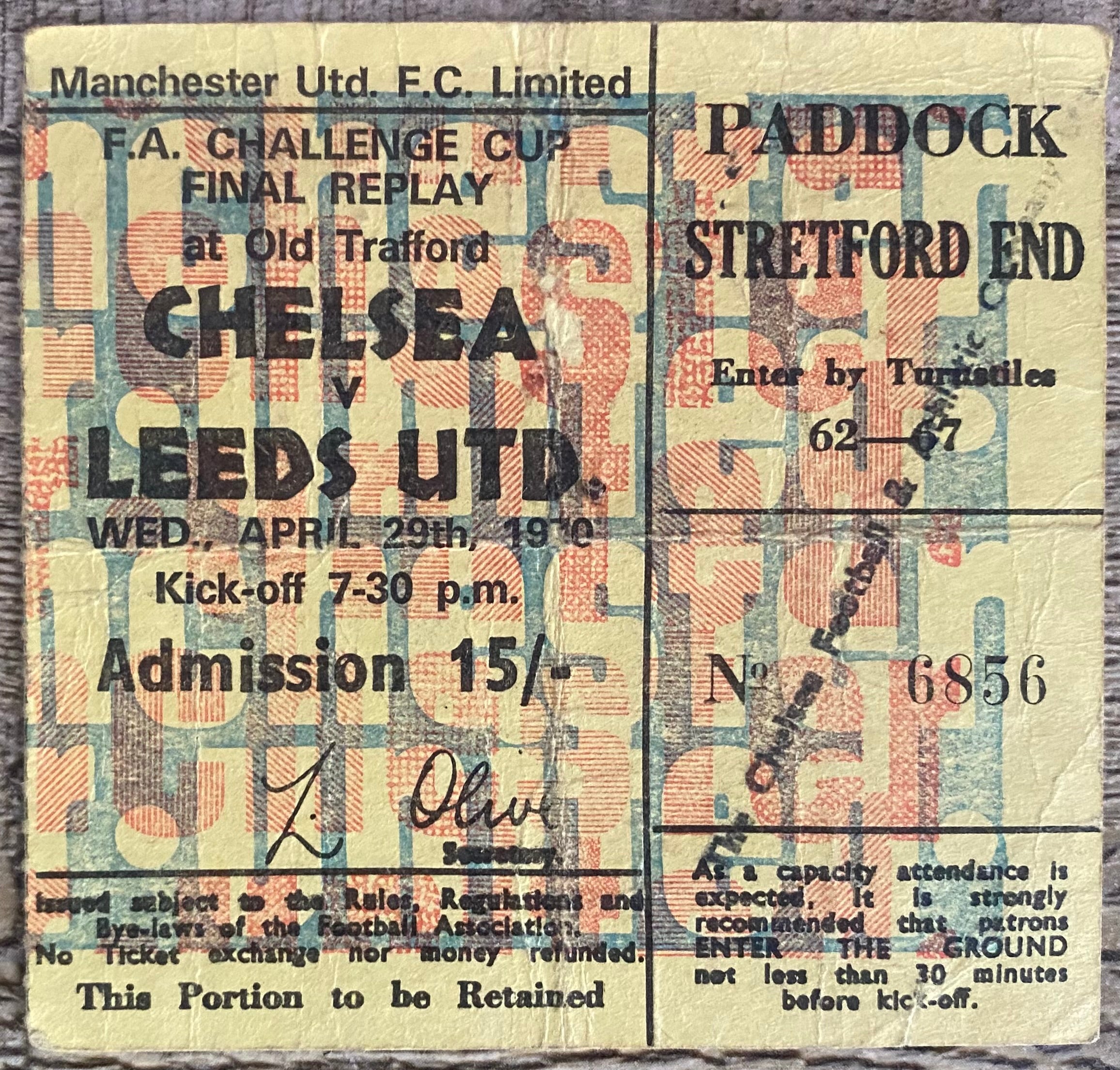 1970 ORIGINAL FA CUP FINAL REPLAY TICKET CHELSEA V LEEDS UNITED @ OLD TRAFFORD