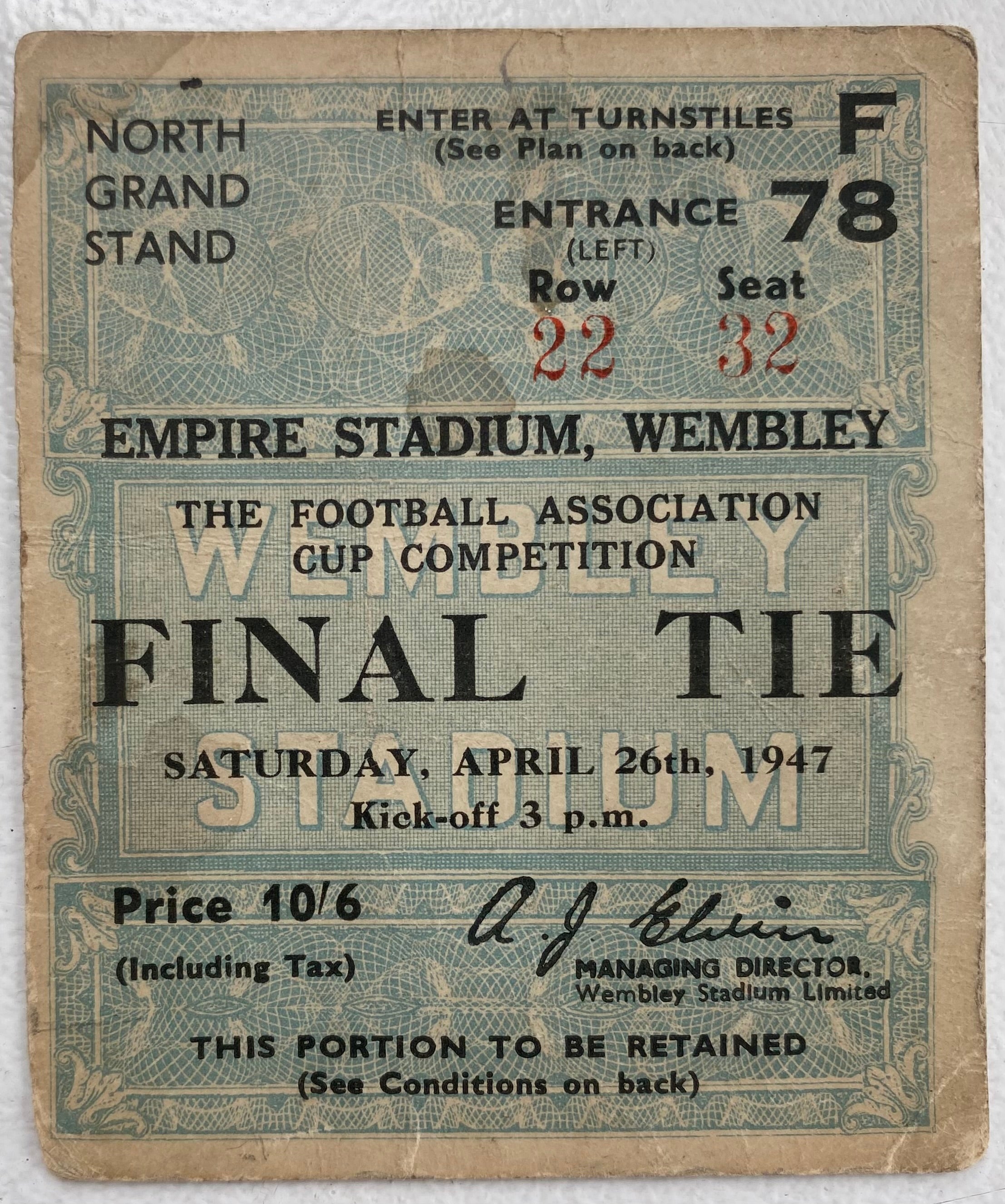1947 ORIGINAL FA CUP FINAL TICKET CHARLTON ATHLETIC V BURNLEY