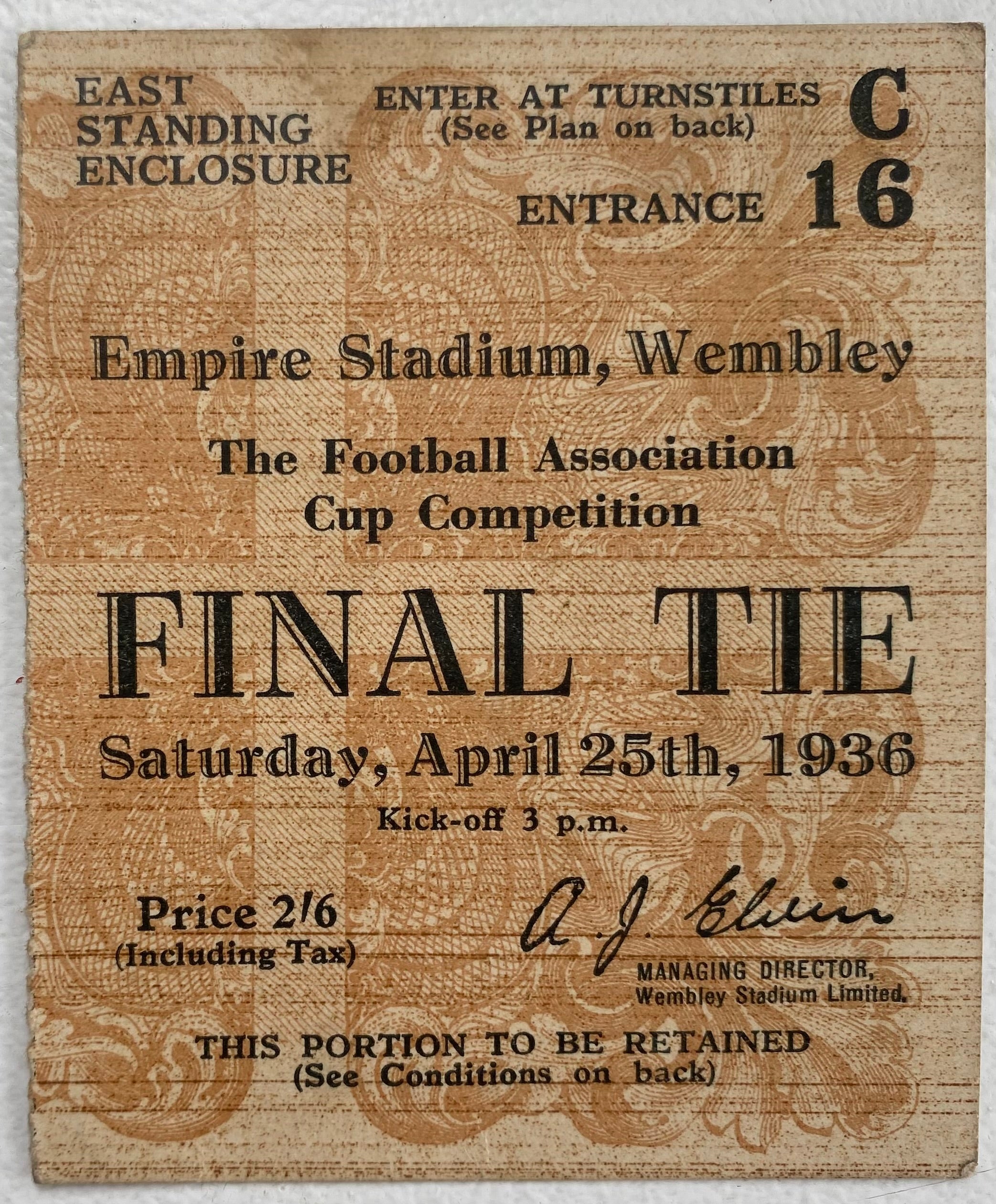 1936 ORIGINAL FA CUP FINAL TICKET ARSENAL V SHEFFIELD UNITED