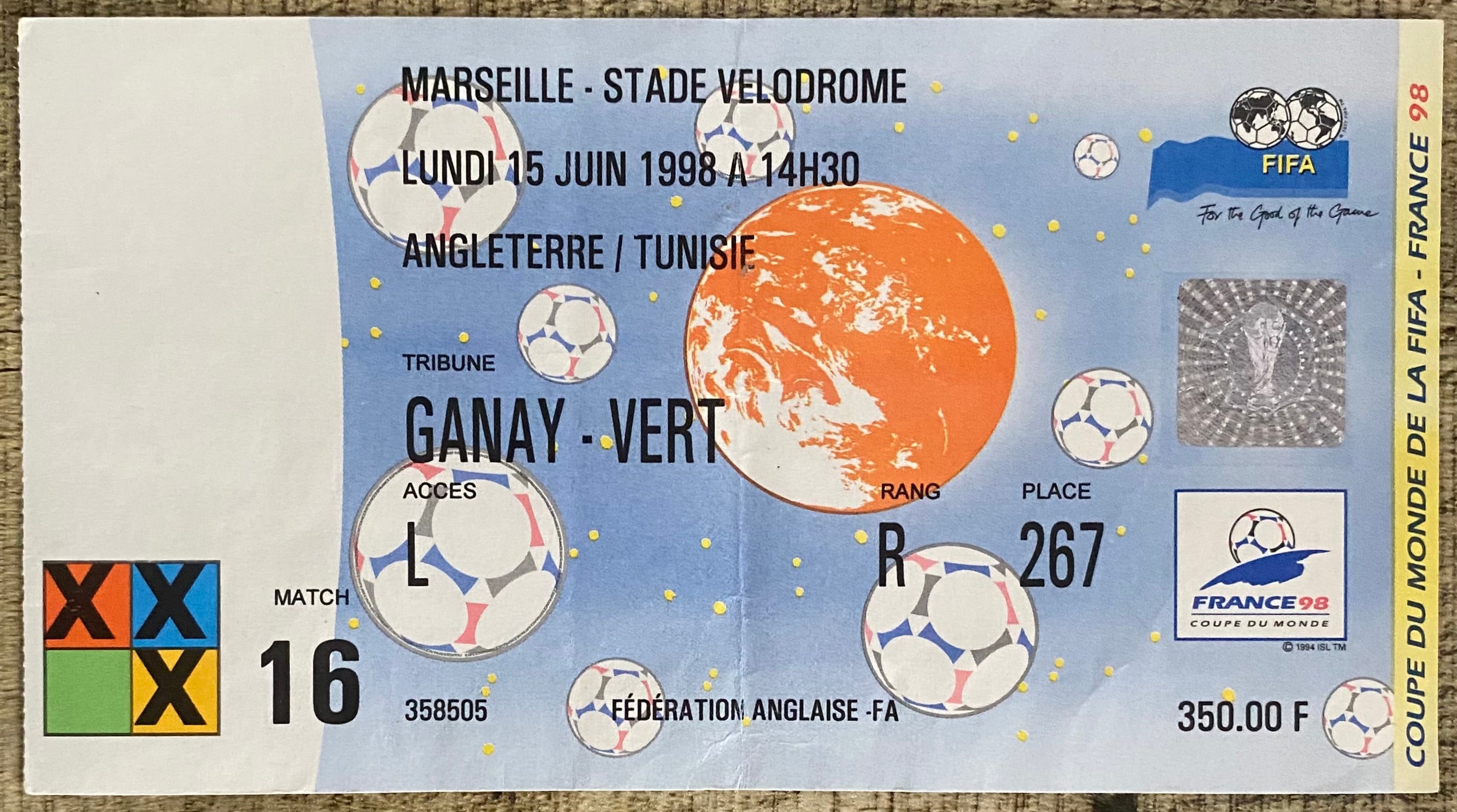 1998 ORIGINAL WORLD CUP 1ST ROUND TICKET ENGLAND V TUNISIA @ MARSEILLE