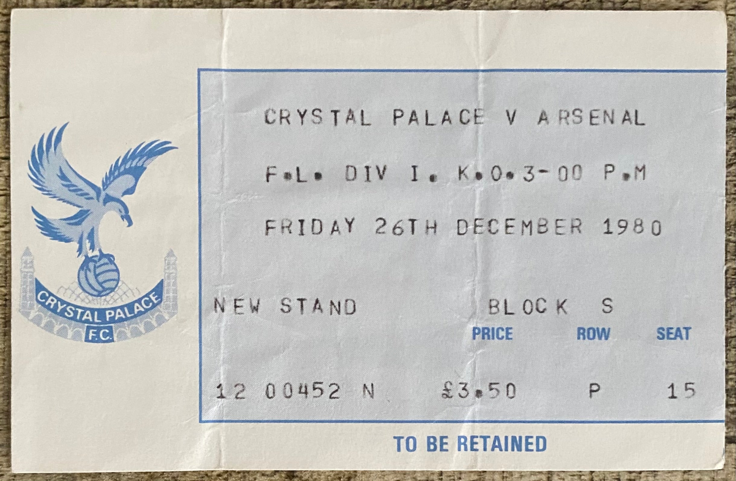1980/81 ORIGINAL DIVISION ONE TICKET CRYSTAL PALACE V ARSENAL