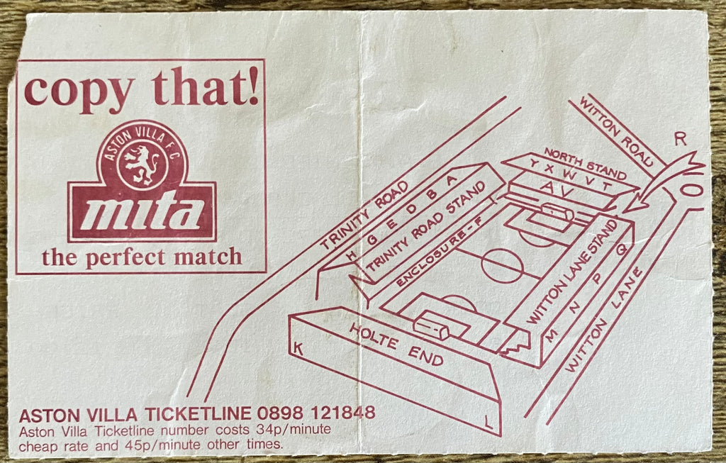 1992/93 ORIGINAL PREMIER LEAGUE TICKET ASTON VILLA V BLACKBURN ROVERS