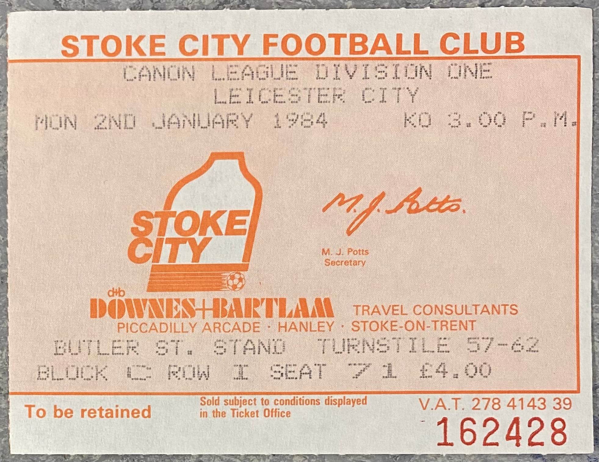 1983/84 ORIGINAL DIVISION ONE TICKET STOKE CITY V LEICESTER CITY