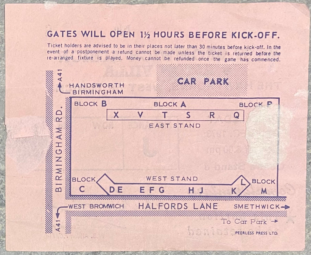 1973/74 ORIGINAL DIVISION TWO TICKET WEST BROMWICH ALBION V ASTON VILLA