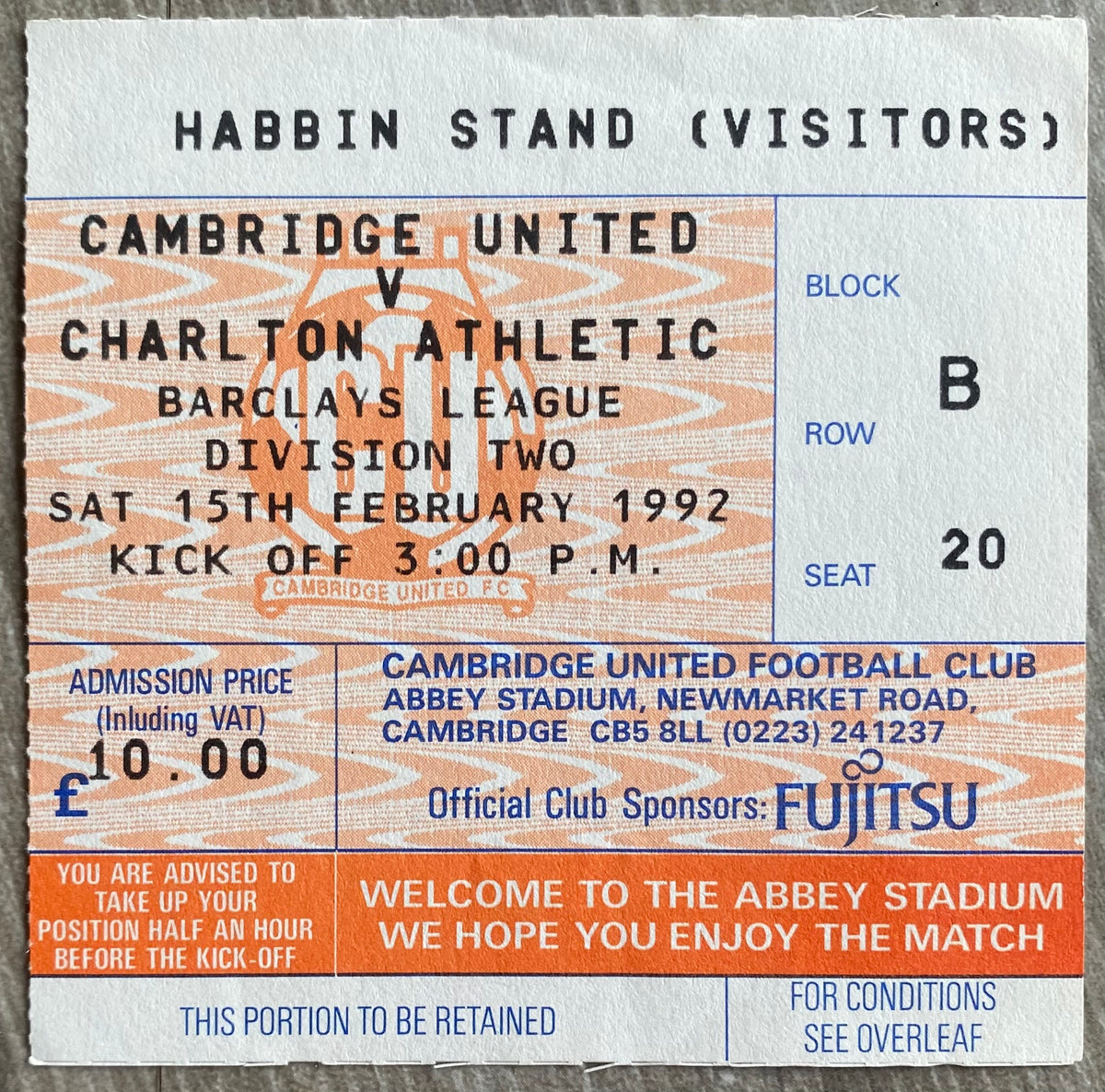1991/92 ORIGINAL DIVISION 2 TICKET CAMBRIDGE UNITED V CHARLTON ATHLETIC