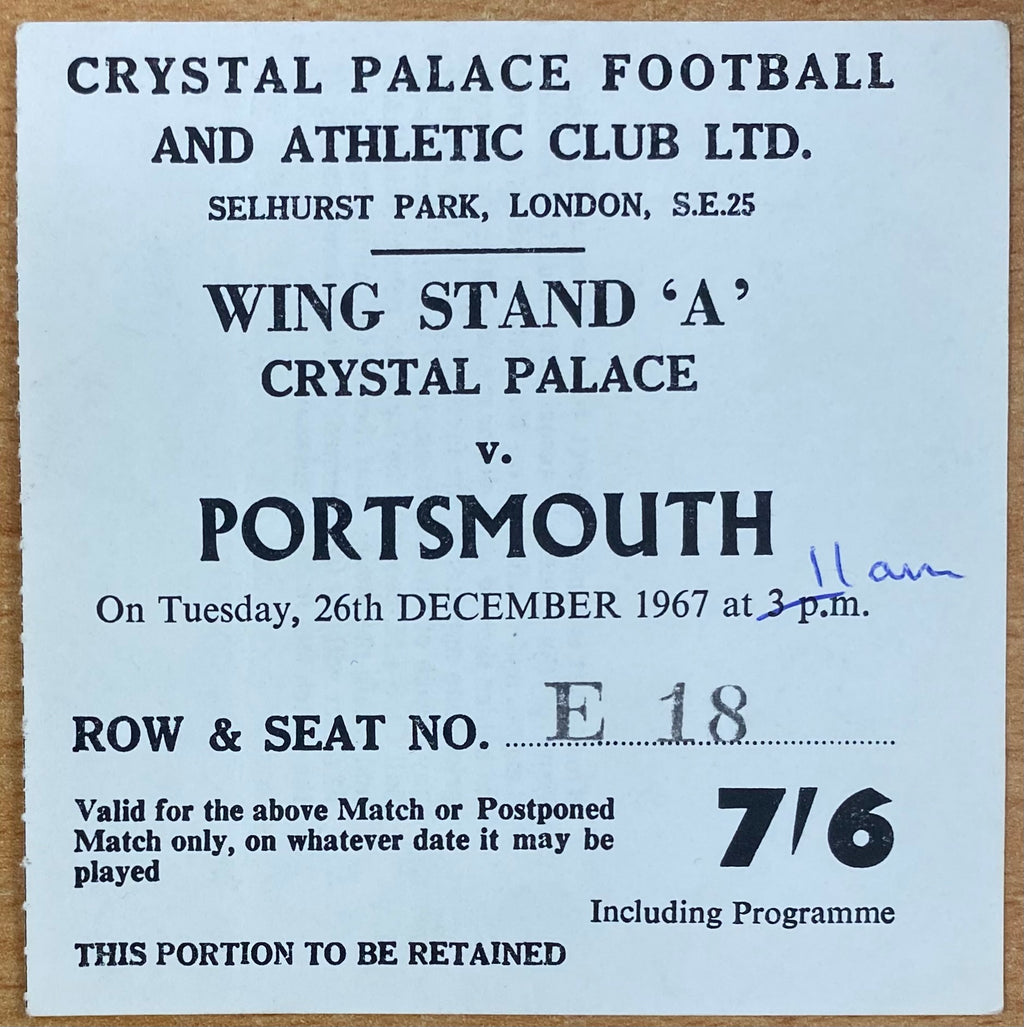 1967/68 ORIGINAL DIVISION 2 TICKET CRYSTAL PALACE V PORTSMOUTH