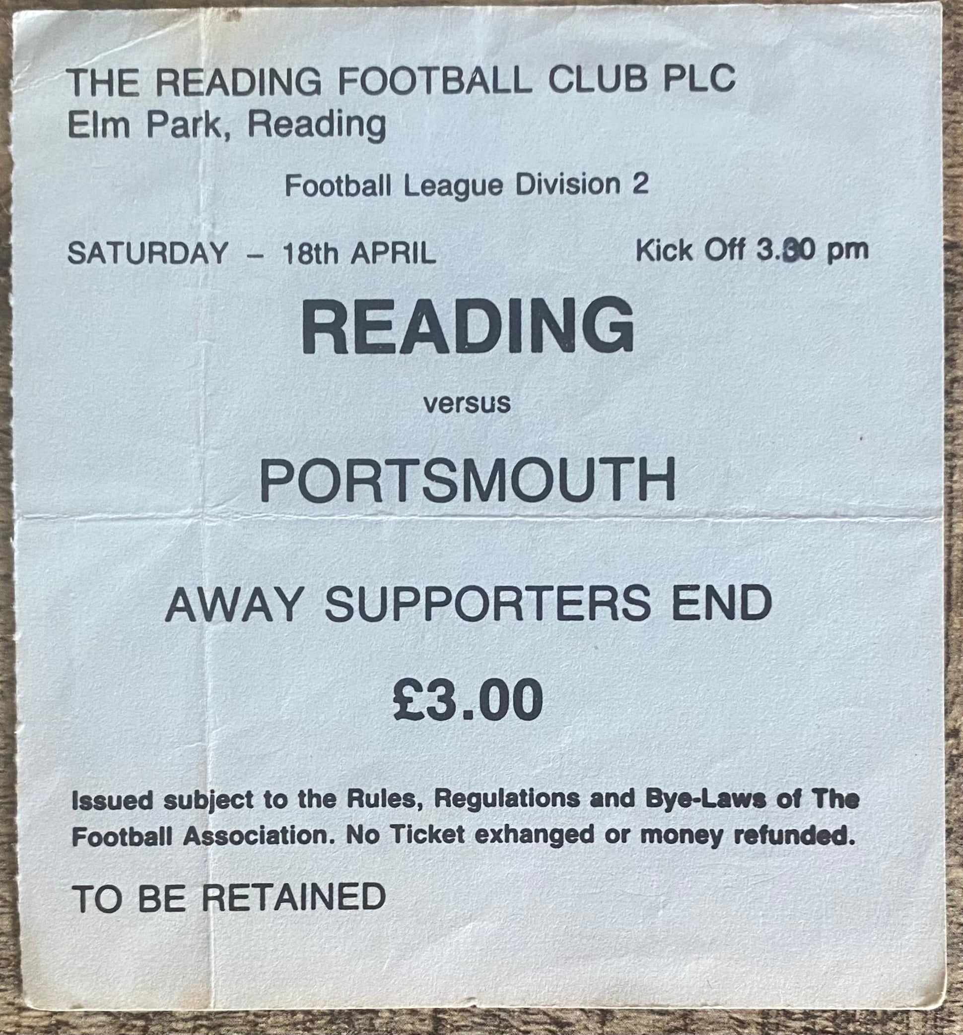 1986/87 ORIGINAL DIVISION 2 TICKET READING V PORTSMOUTH