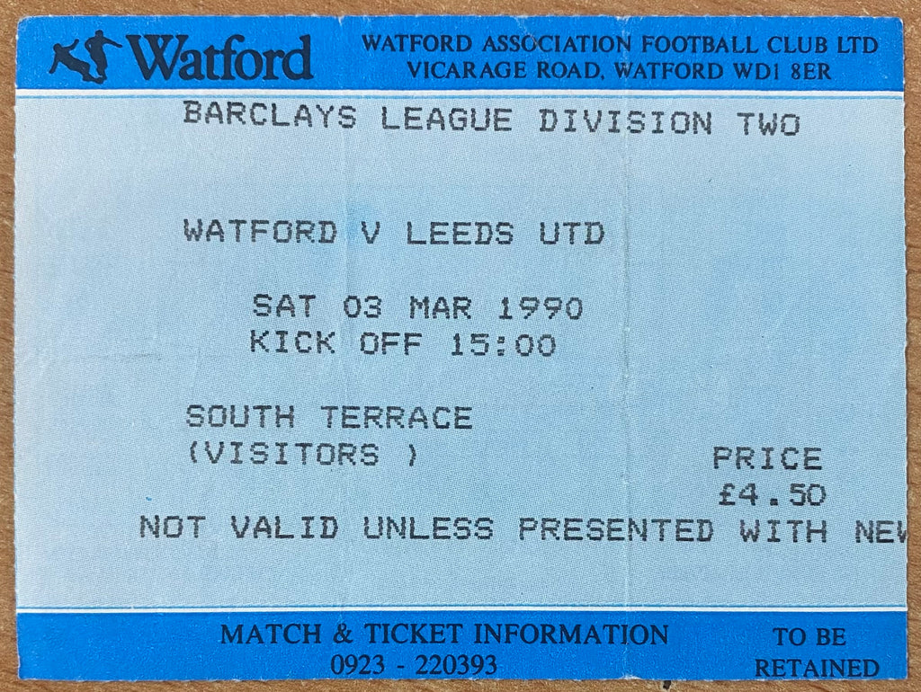 1989/90 ORIGINAL DIVISION TWO TICKET WATFORD V LEEDS UNITED