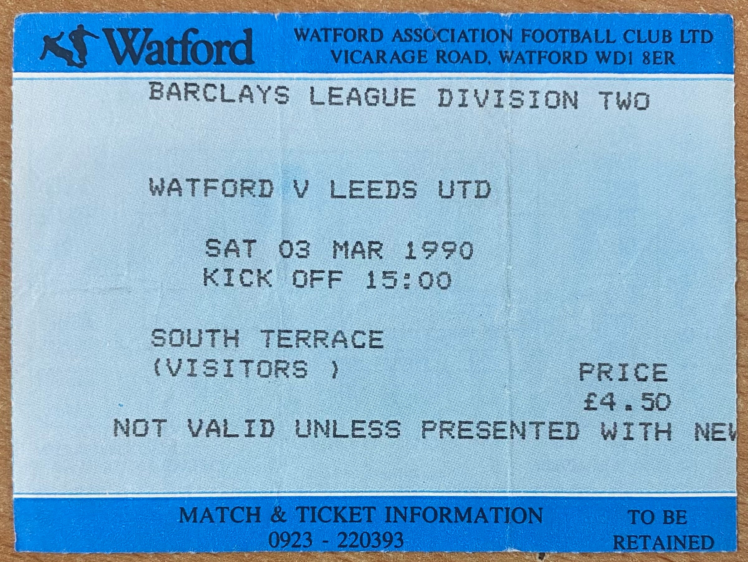 1989/90 ORIGINAL DIVISION TWO TICKET WATFORD V LEEDS UNITED