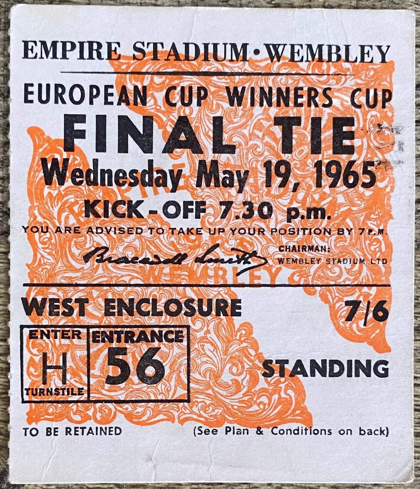 1965 ORIGINAL EUROPEAN CUP WINNERS CUP FINAL TICKET WEST HAM UNITED V TSV MUNICH 1860