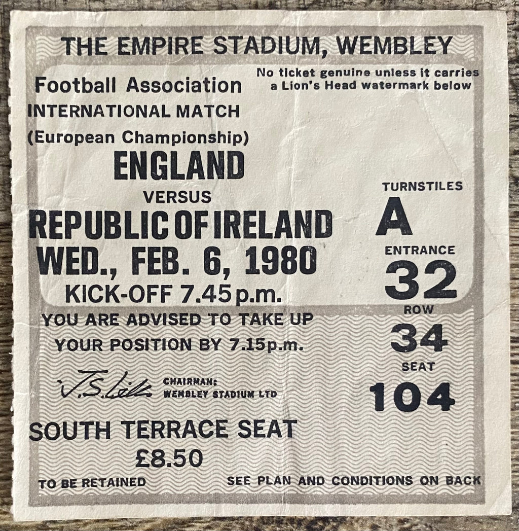 1980 ORIGINAL EUROPEAN CHAMPIONSHIPS QUALIFYING TICKET ENGLAND V REPUBLIC OF IRELAND