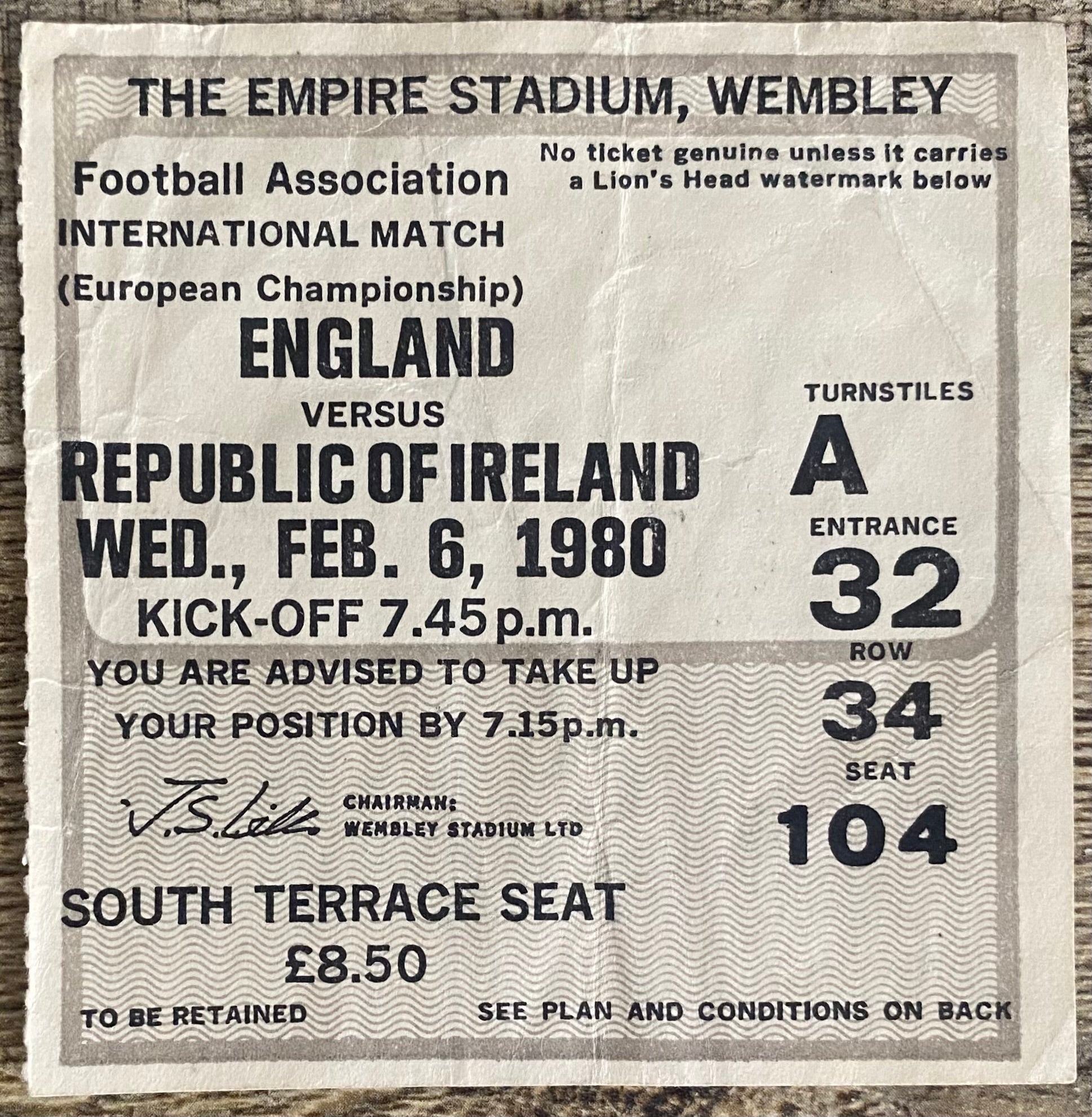 1980 ORIGINAL EUROPEAN CHAMPIONSHIPS QUALIFYING TICKET ENGLAND V REPUBLIC OF IRELAND