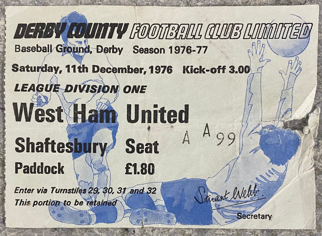 1976/77 ORIGINAL DIVISION 1 TICKET DERBY COUNTY V WEST HAM UNITED