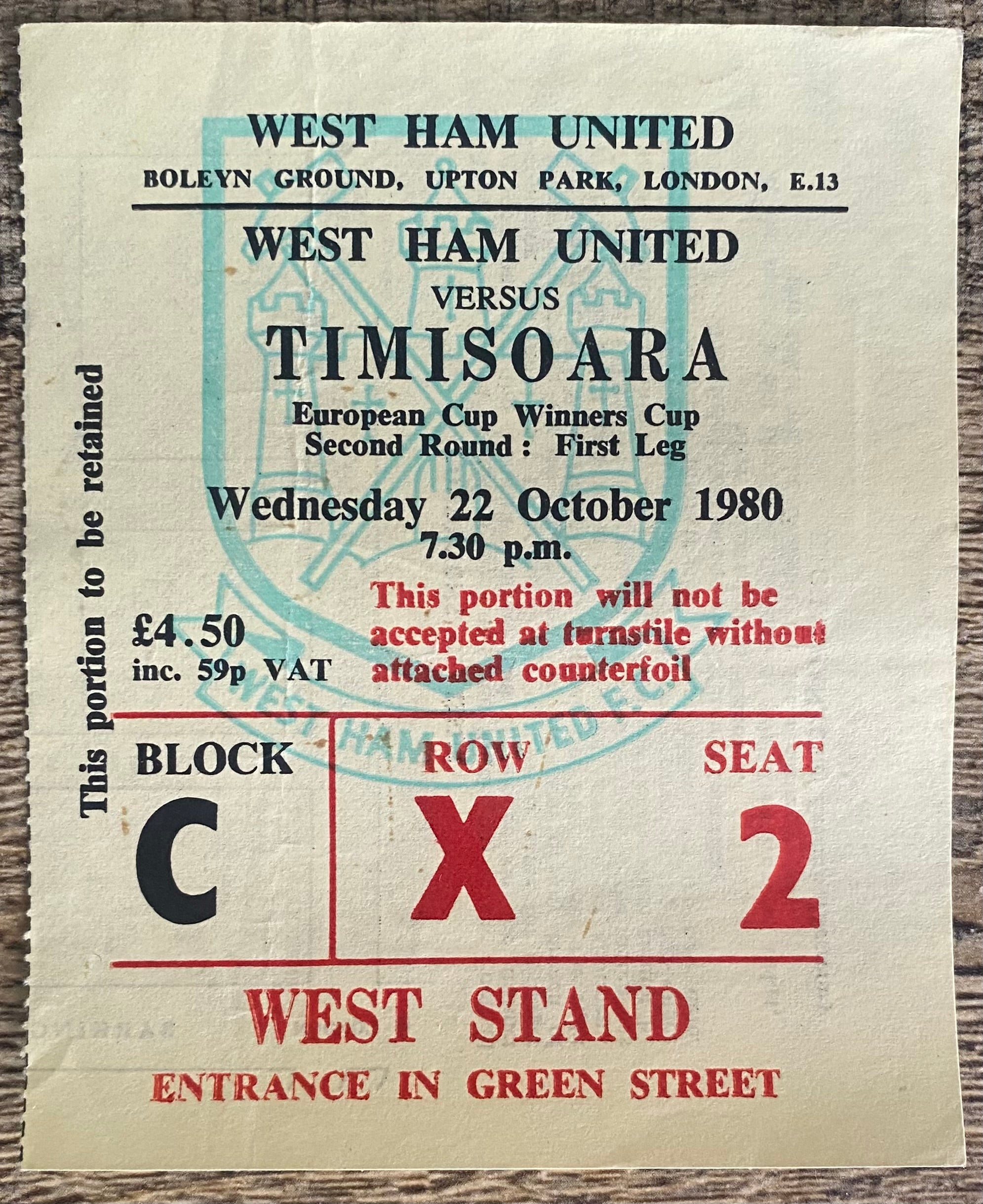 1980/81 ORIGINAL EUROPEAN CUP WINNERS CUP 2ND ROUND 1ST LEG TICKET WEST HAM UNITED V TIMISOARA