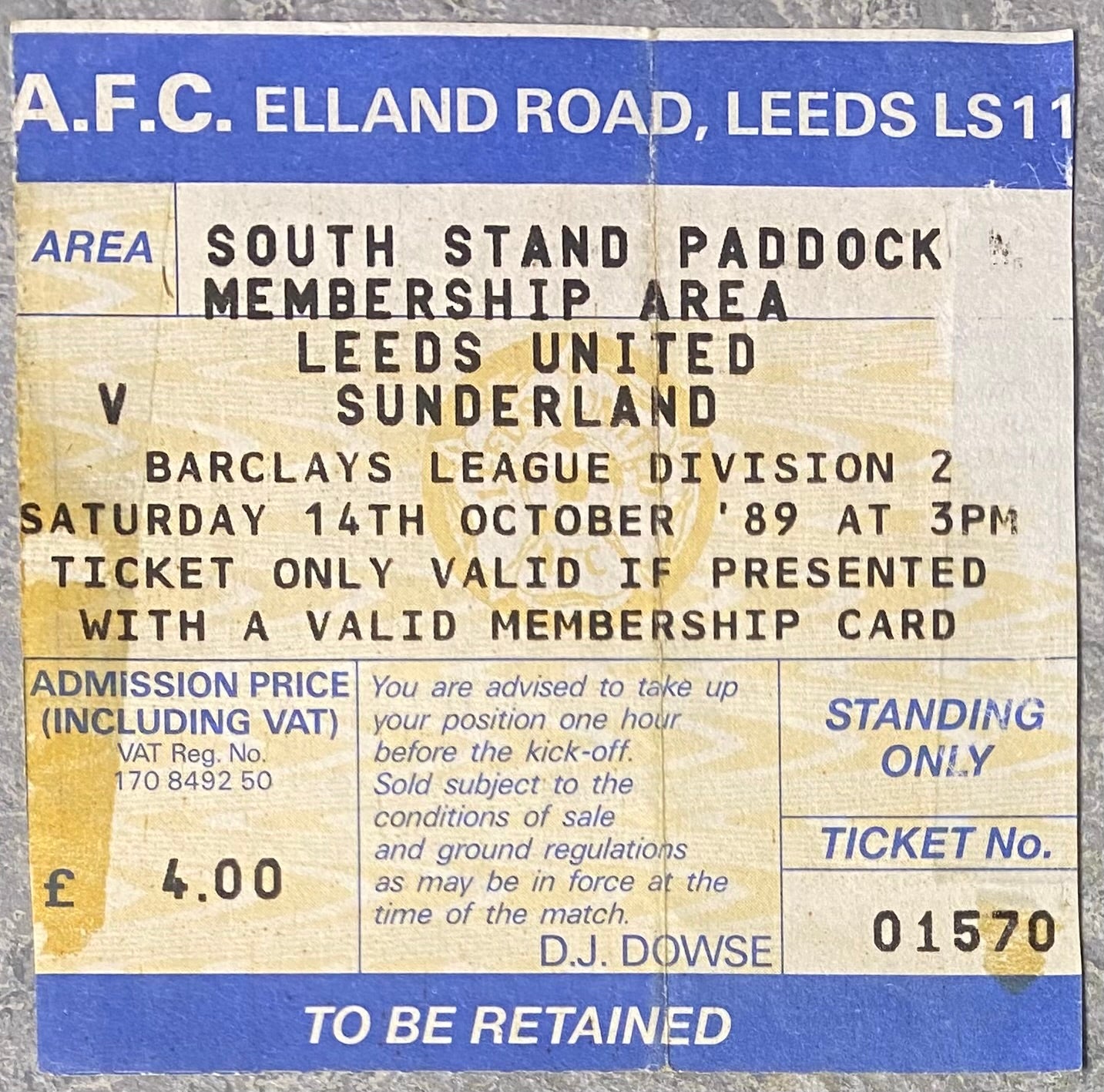 1989/90 ORIGINAL DIVISION TWO TICKET LEEDS UNITED V SUNDERLAND