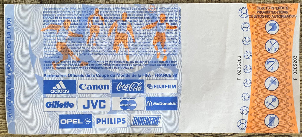 1998 ORIGINAL WORLD CUP QUARTER FINAL UNUSED TICKET ARGENTINA V NETHERLANDS @ MARSEILLE
