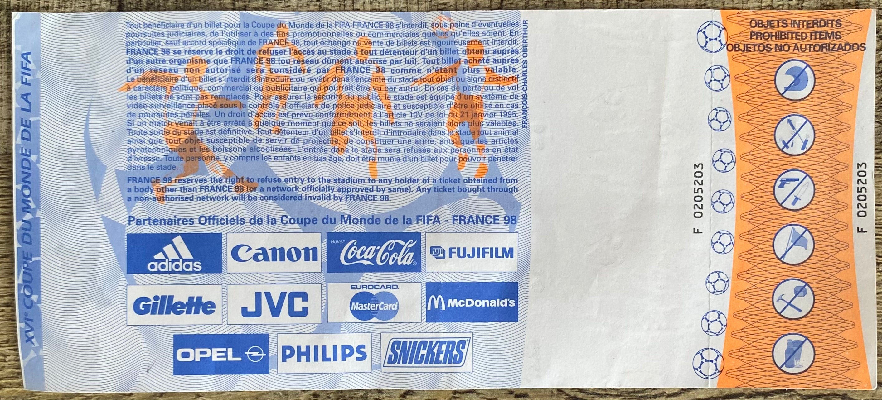 1998 ORIGINAL WORLD CUP QUARTER FINAL UNUSED TICKET ARGENTINA V NETHERLANDS @ MARSEILLE