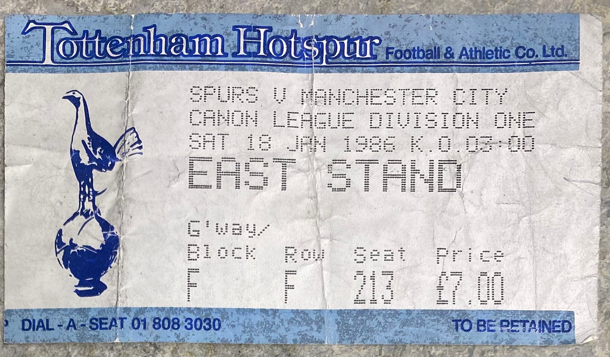 1985/86 ORIGINAL DIVISION ONE TICKET TOTTENHAM HOTSPUR V MANCHESTER CITY