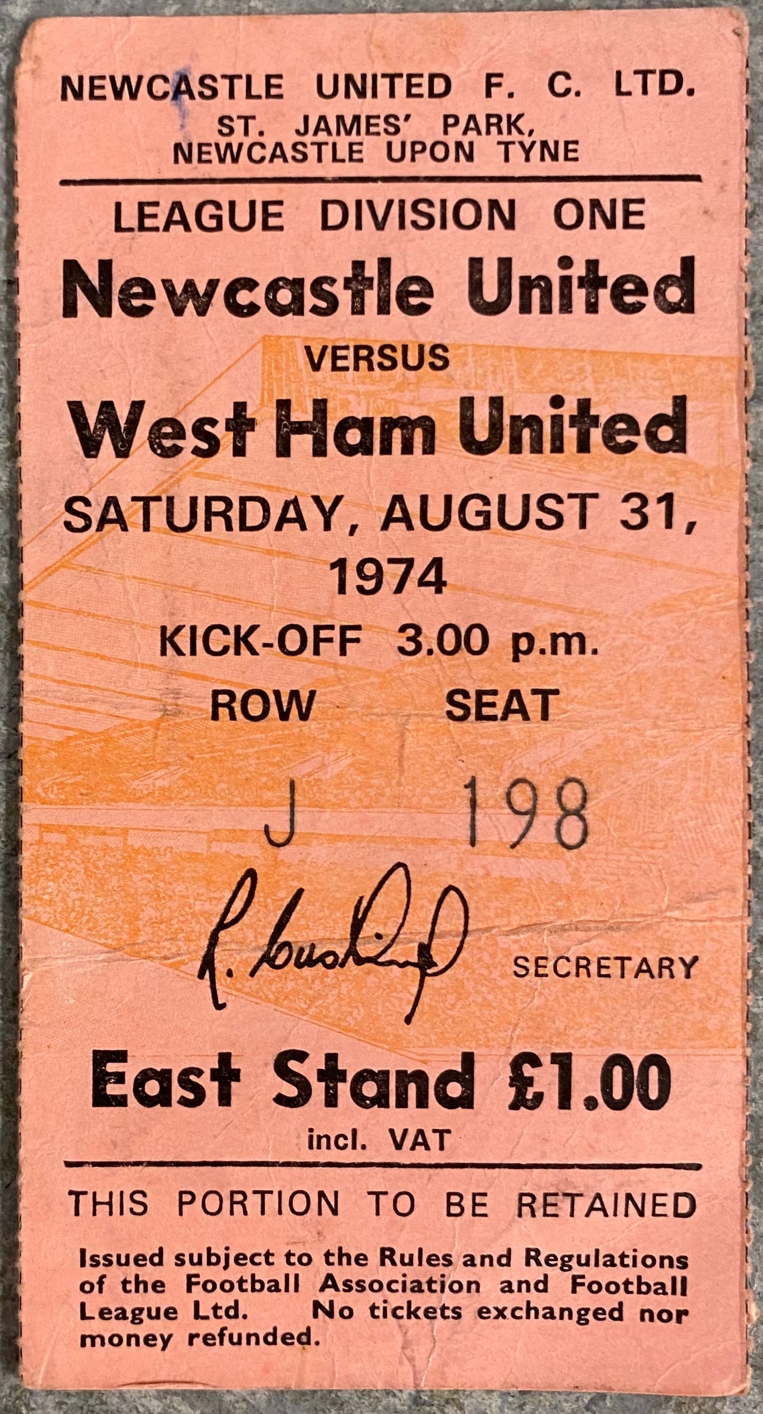 1974/75 ORIGINAL DIVISION 1 TICKET NEWCASTLE UNITED V WEST HAM UNITED