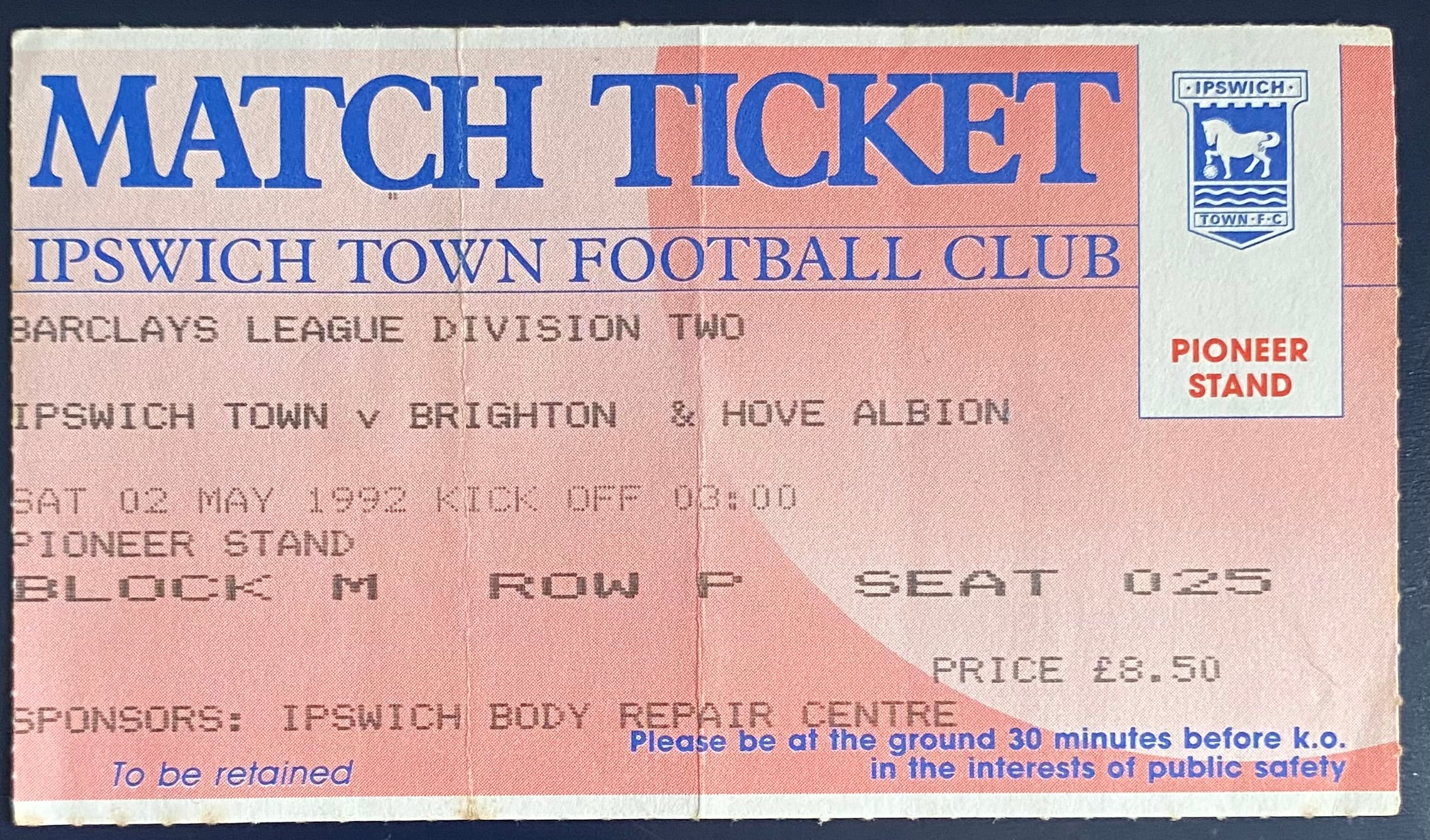 1992/93 ORIGINAL DIVISION 2 TICKET IPSWICH TOWN V BRIGHTON AND HOVE ALBION