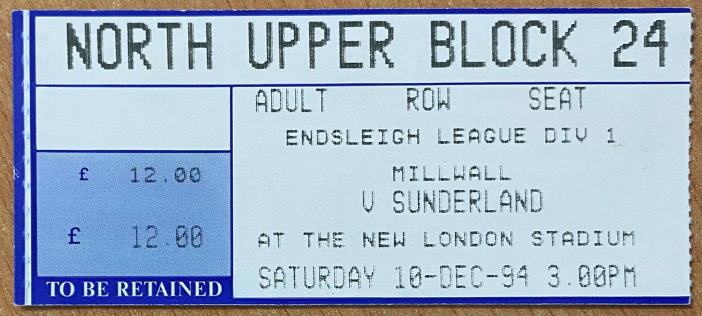 1994/95 ORIGINAL DIVISION 1 TICKET MILLWALL V SUNDERLAND