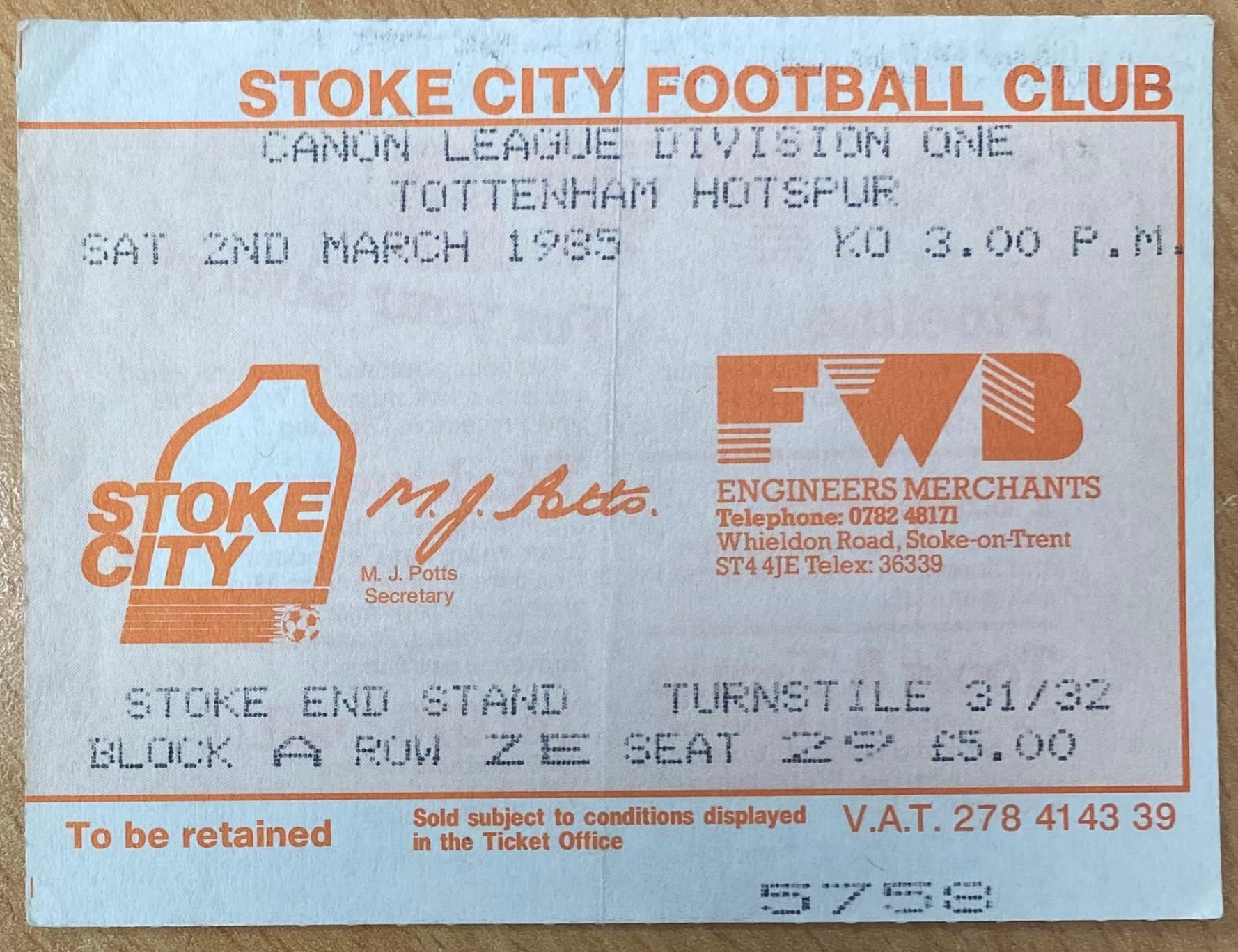 1984/85 ORIGINAL DIVISION ONE TICKET STOKE CITY V TOTTENHAM HOTSPUR