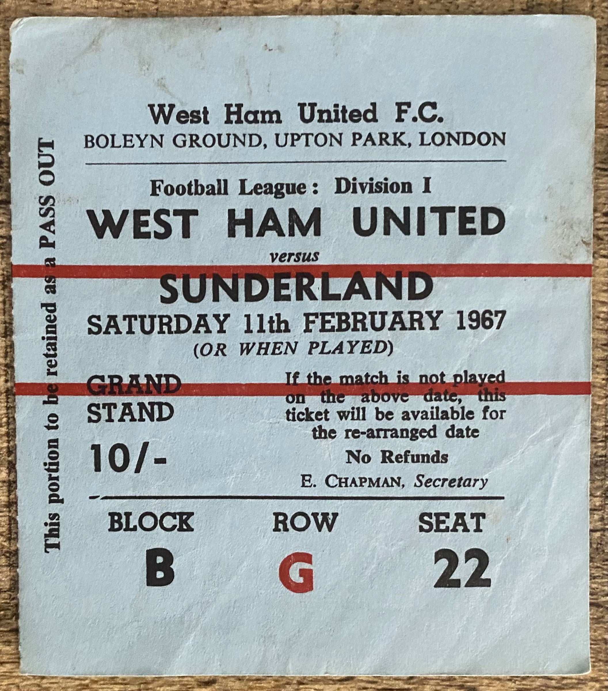 1966/67 ORIGINAL DIVISION ONE TICKET WEST HAM UNITED V SUNDERLAND