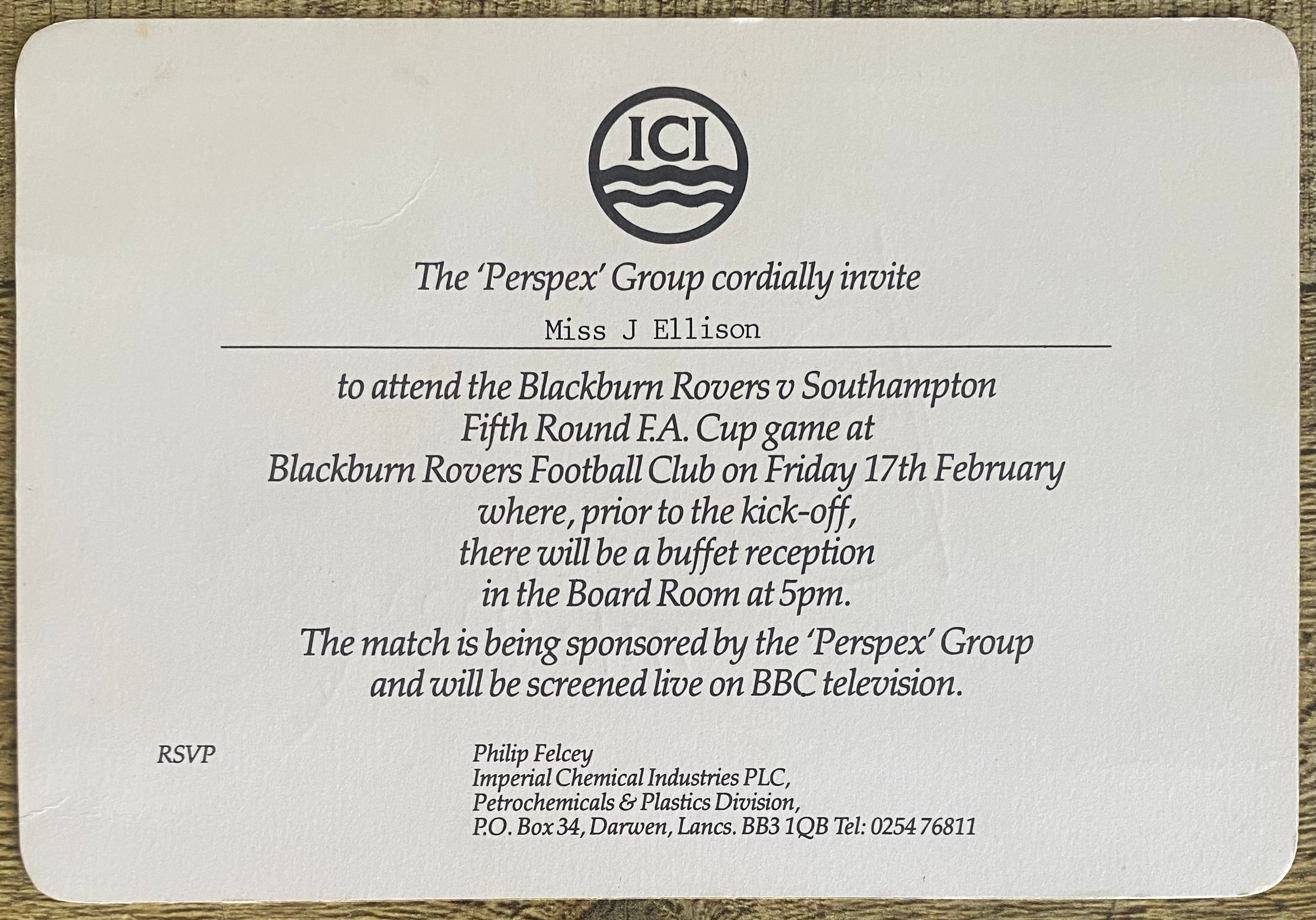 1983/84 ORIGINAL FA CUP 5TH ROUND TICKET BLACKBURN ROVERS V SOUTHAMPTON (SIGNED BY JIMMY HIIL AND JOHN MOTSON)