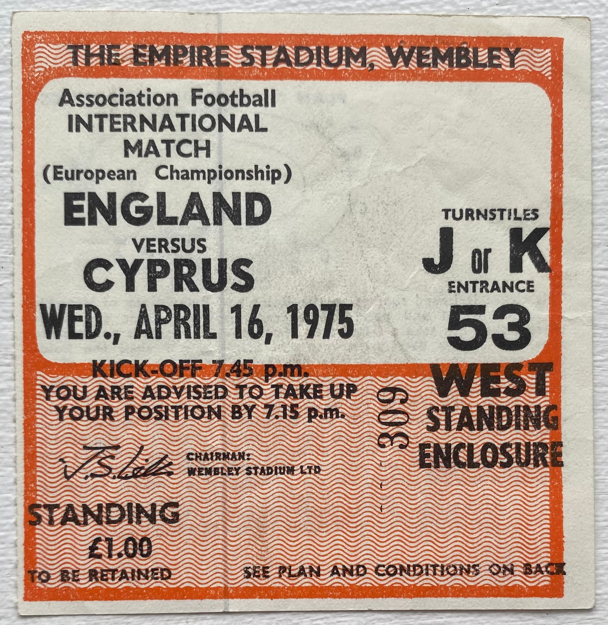 1975 ORIGINAL EUROPEAN CHAMPIONSHIPS QUALIFYING TICKET ENGLAND V CYPRUS