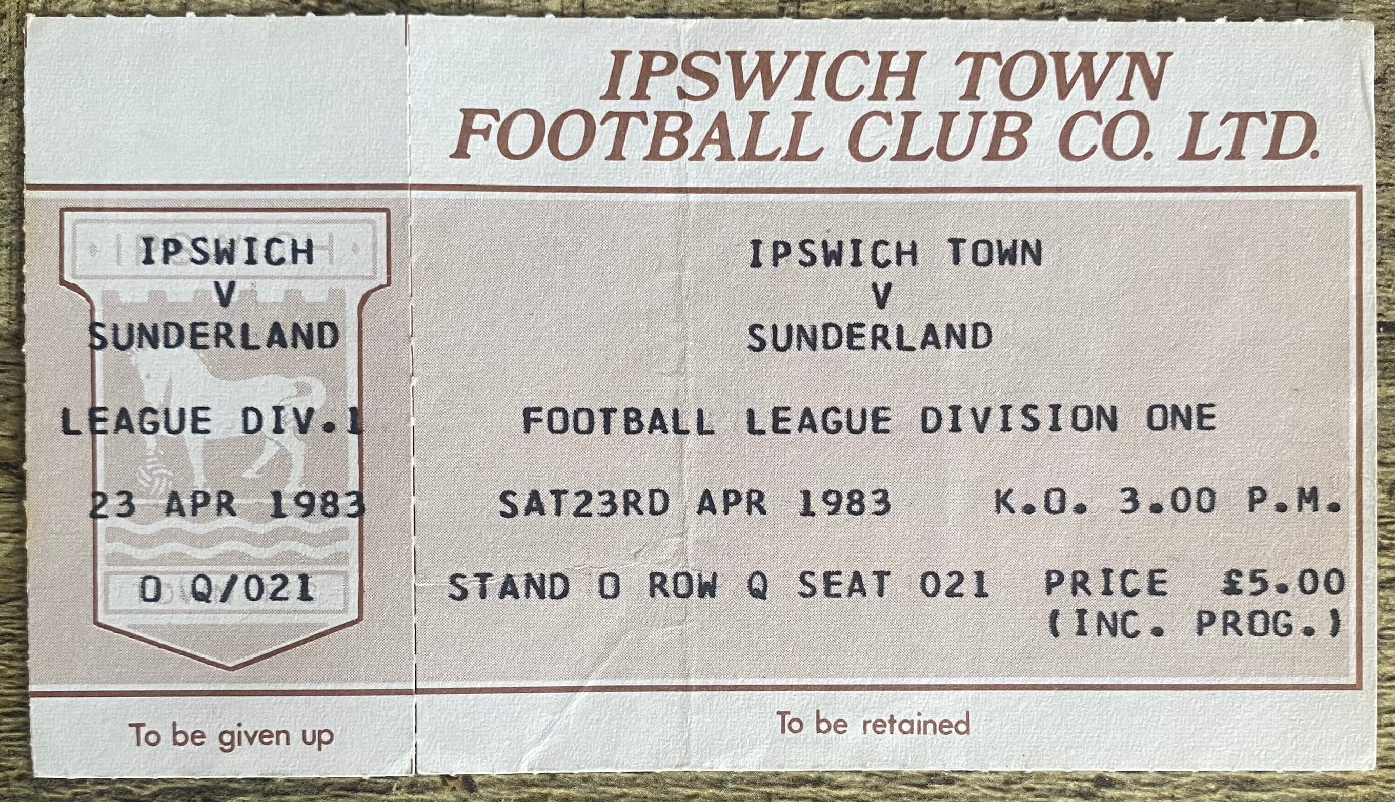 1982/83 ORIGINAL DIVISION 1 UNUSED TICKET IPSWICH TOWN V SUNDERLAND