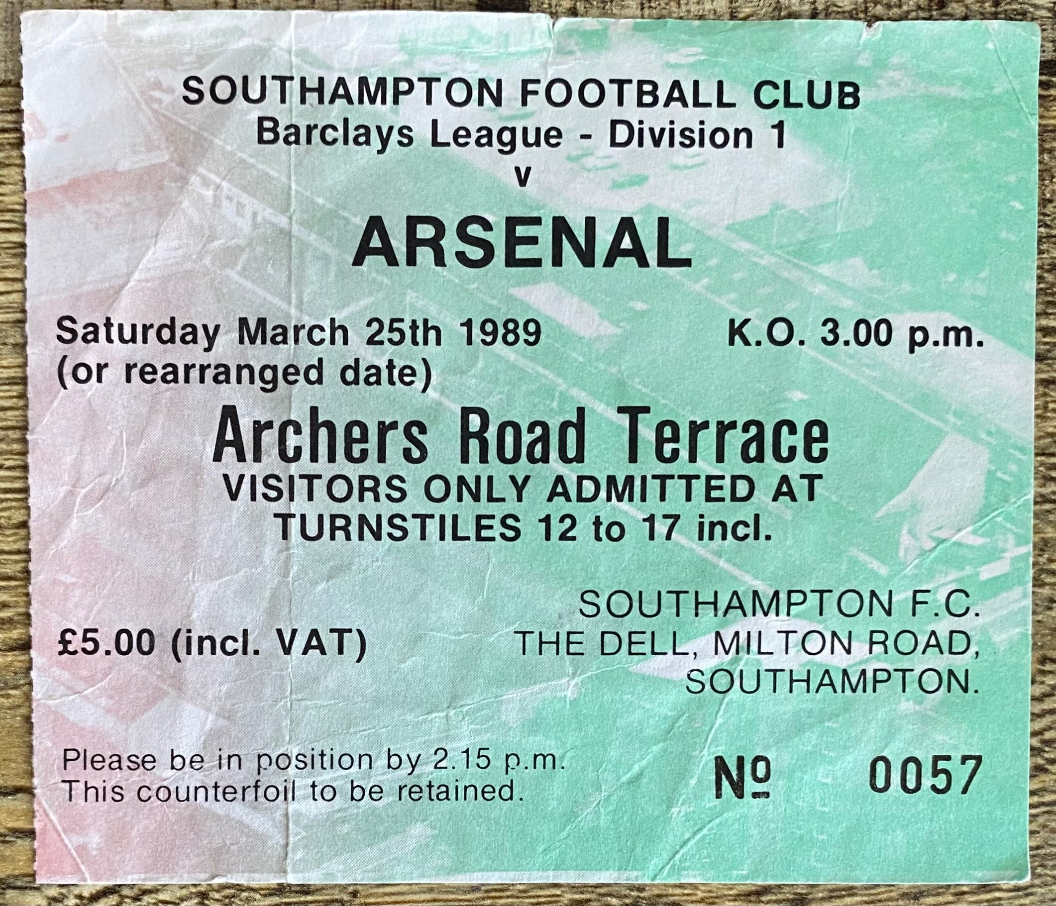 1988/89 ORIGINAL DIVISION ONE TICKET SOUTHAMPTON V ARSENAL