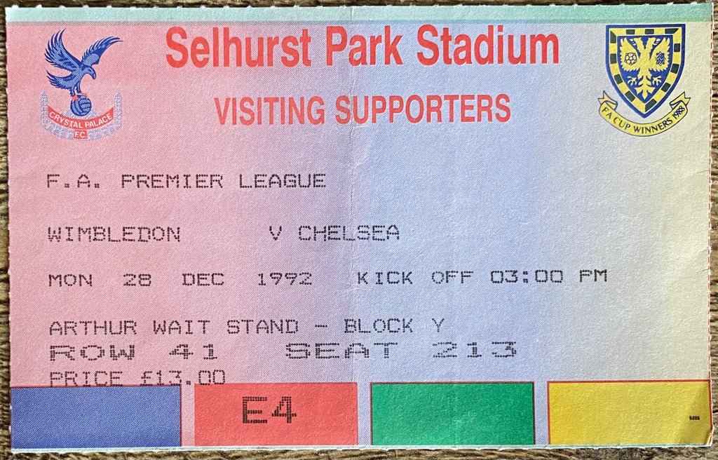 1992/93 ORIGINAL PREMIER LEAGUE TICKET WIMBLEDON V CHELSEA