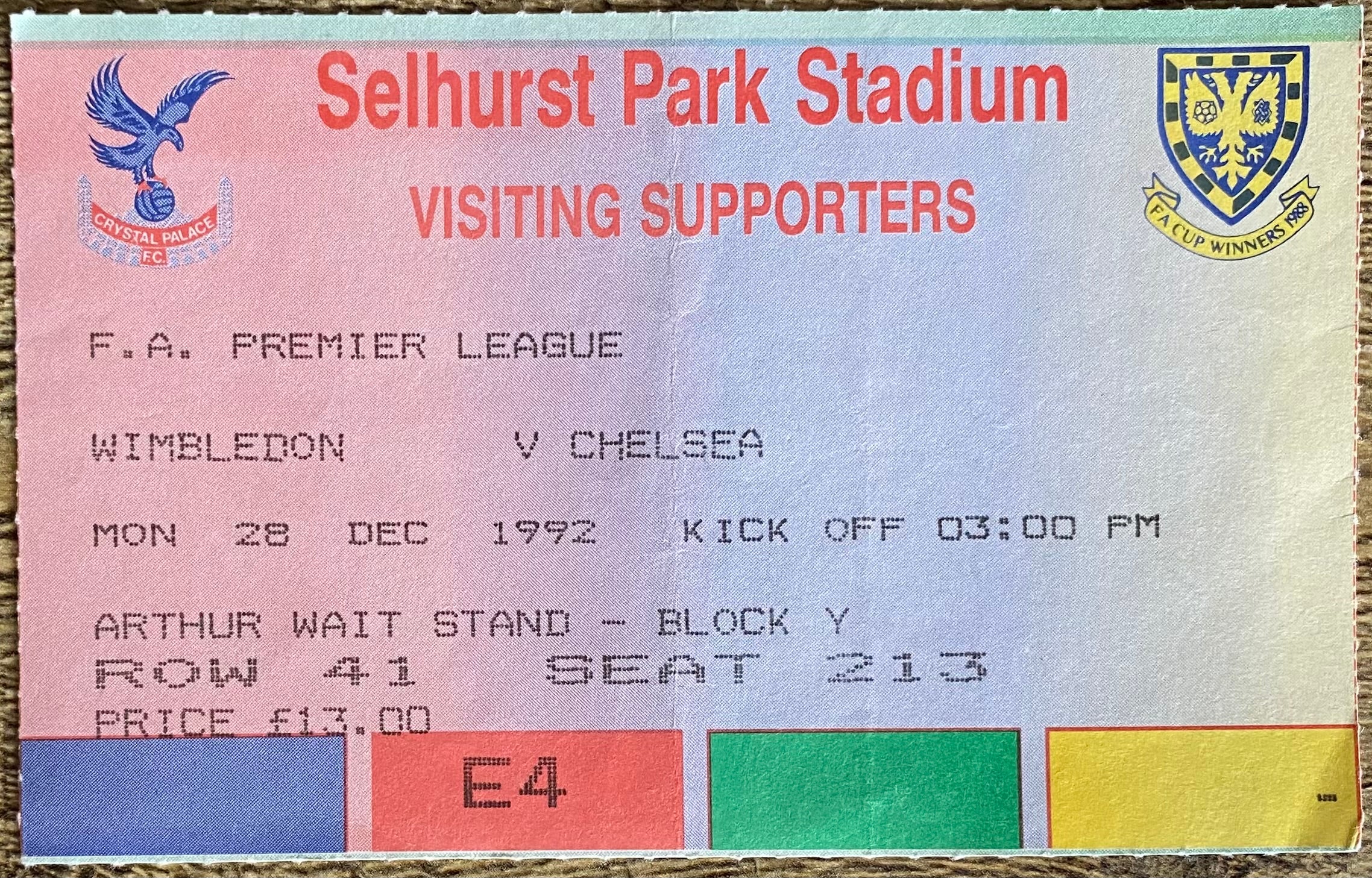 1992/93 ORIGINAL PREMIER LEAGUE TICKET WIMBLEDON V CHELSEA