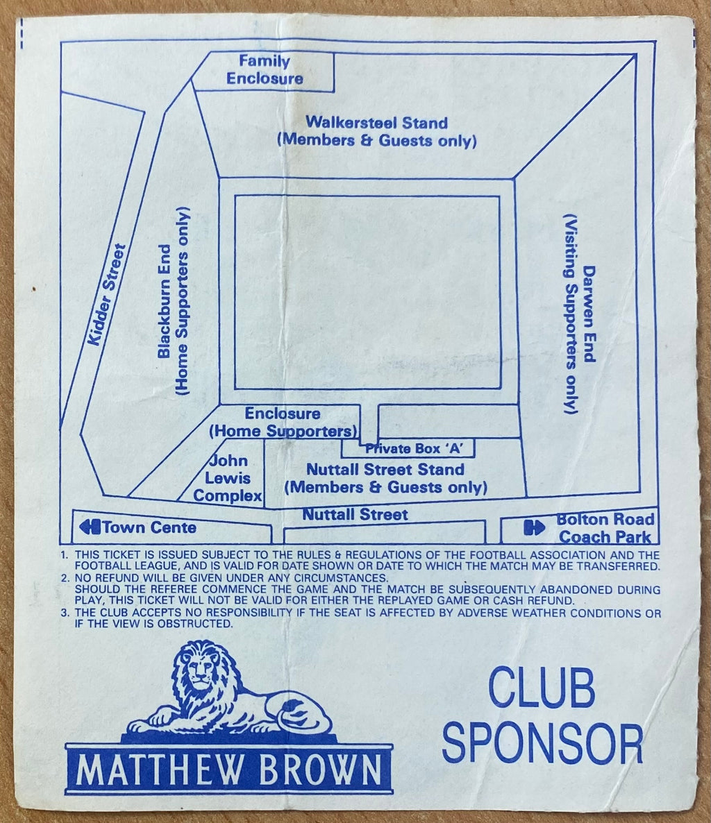 1991/92 ORIGINAL FA CUP 3RD ROUND TICKET BLACKBURN ROVERS V KETTERING TOWN