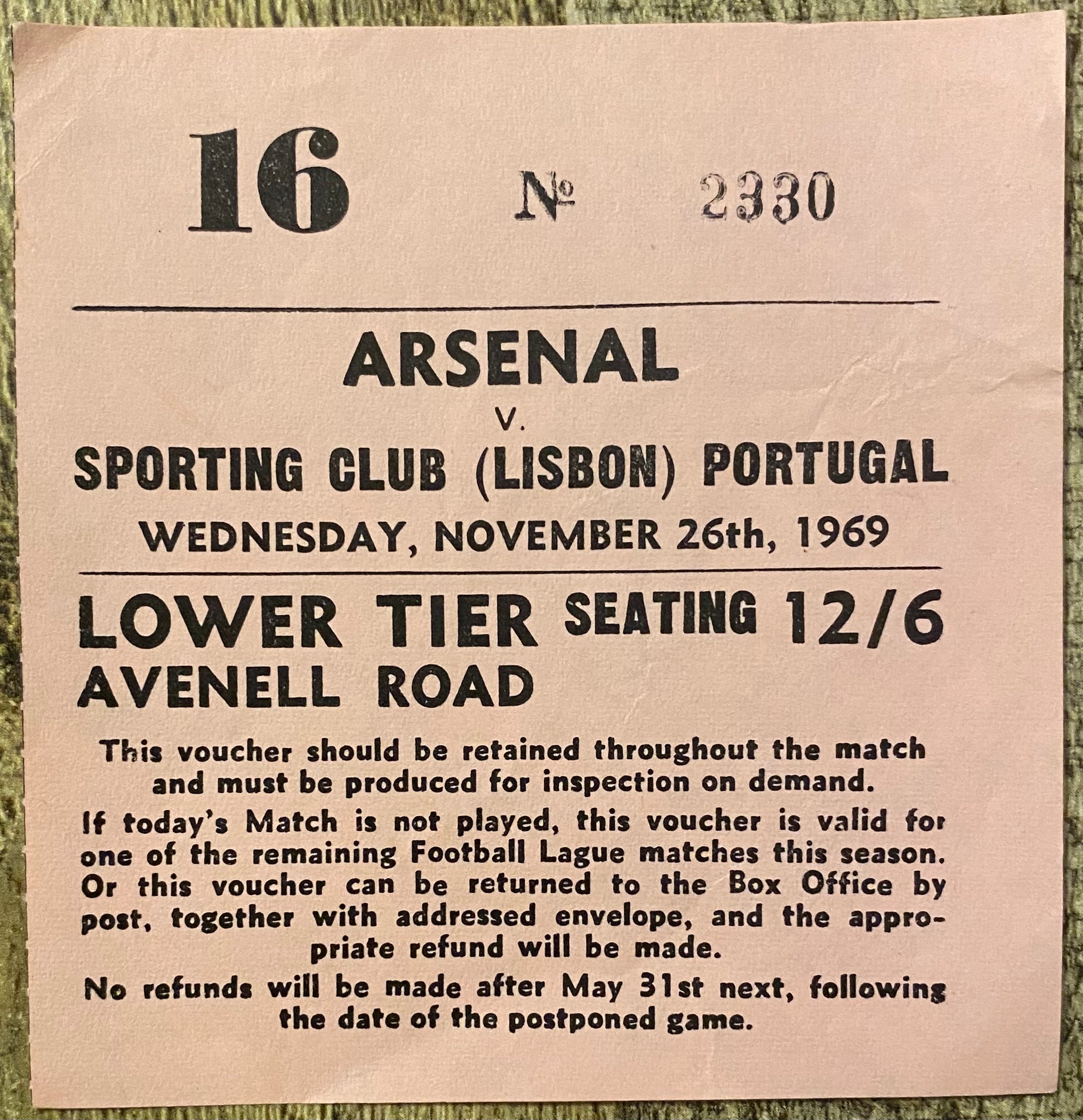 1969/70 ORIGINAL EUROPEAN FAIRS CUP 2ND ROUND 2ND LEG TICKET ARSENAL V SPORTING LISBON