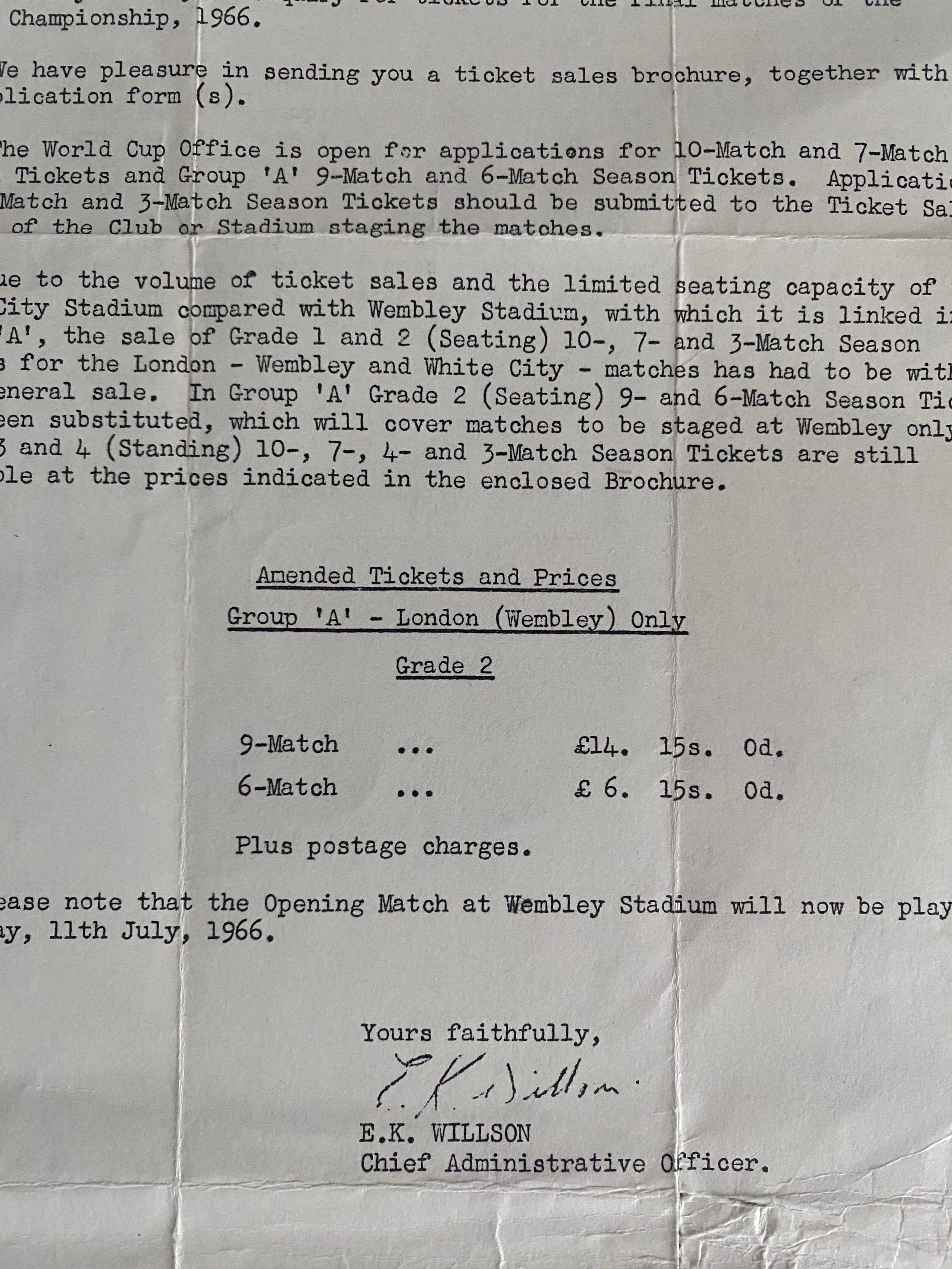 1966 WORLD CUP ORIGINAL OFFICIAL LETTER (TICKET SALES ENQUIRY) JULY 1965