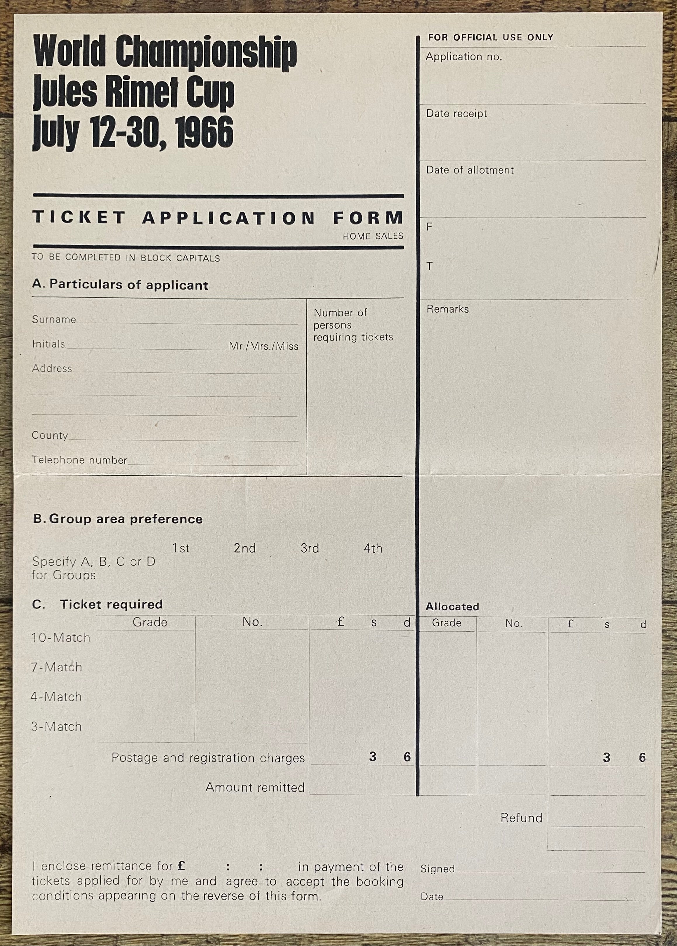 1966 WORLD CUP ORIGINAL OFFICIAL TICKET APPLICATION FORM