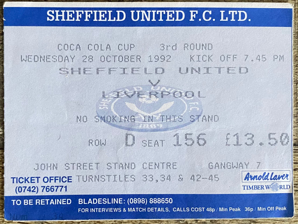 1992/93 ORIGINAL COCA COLA 3RD ROUND TICKET SHEFFIELD UNITED V LIVERPOOL