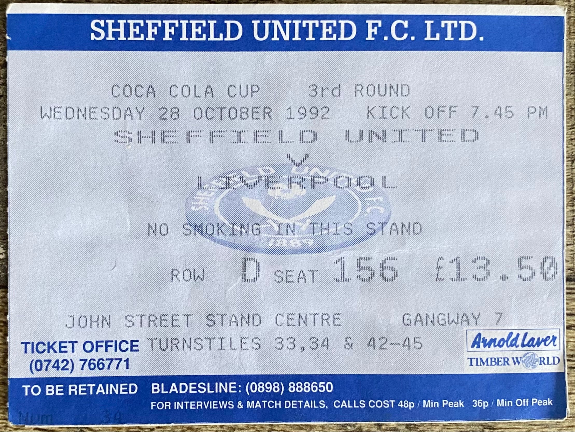 1992/93 ORIGINAL COCA COLA 3RD ROUND TICKET SHEFFIELD UNITED V LIVERPOOL